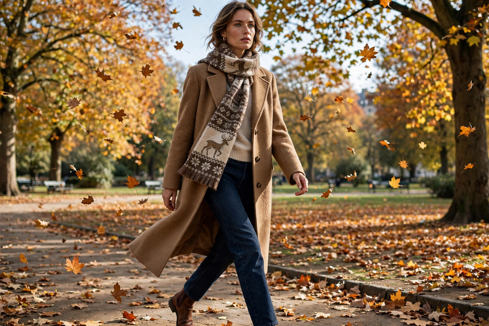 Deer print scarf with camel coat fall outfit 2026