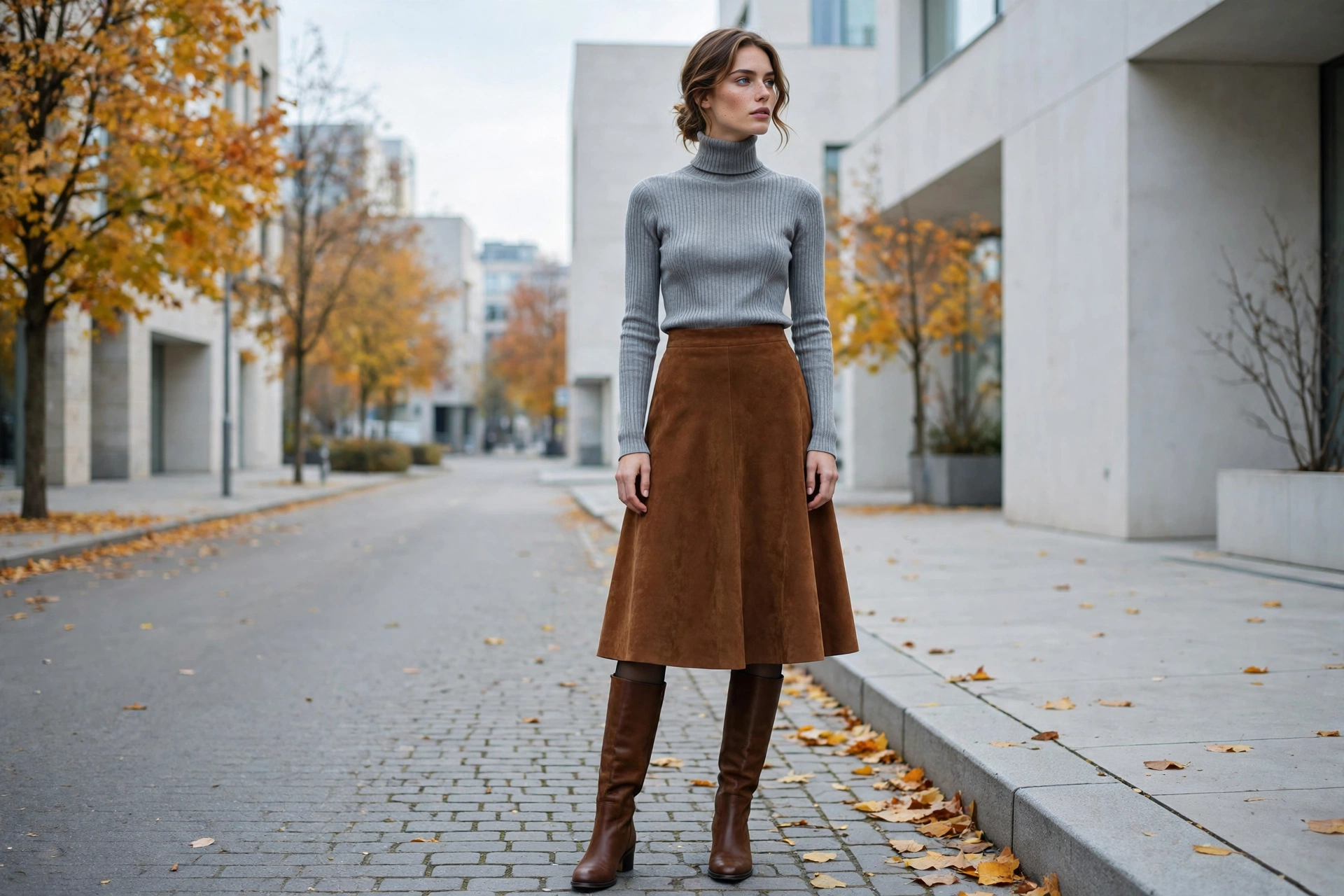 Icy grey turtleneck with brown suede skirt fall outfit 2026