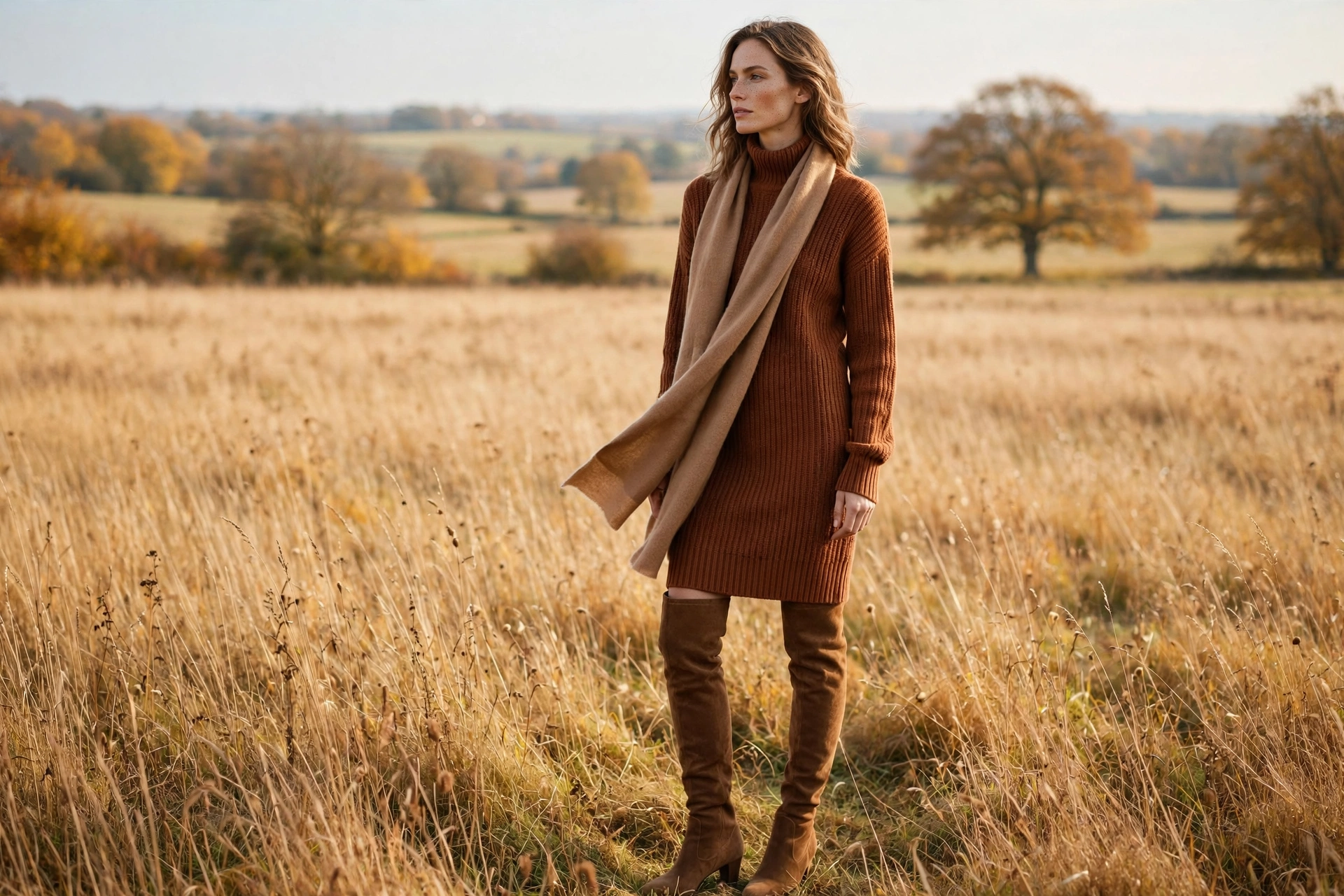 Brown suede boots with knit sweater dress fall outfit 2026