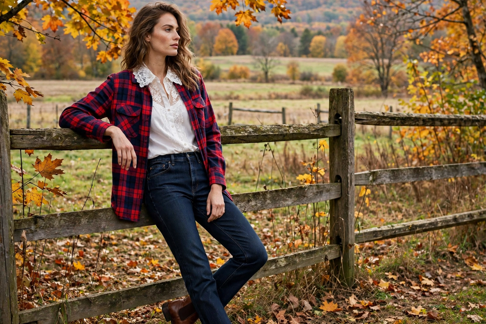Lace detail blouse layered under plaid flannel fall outfit 2026