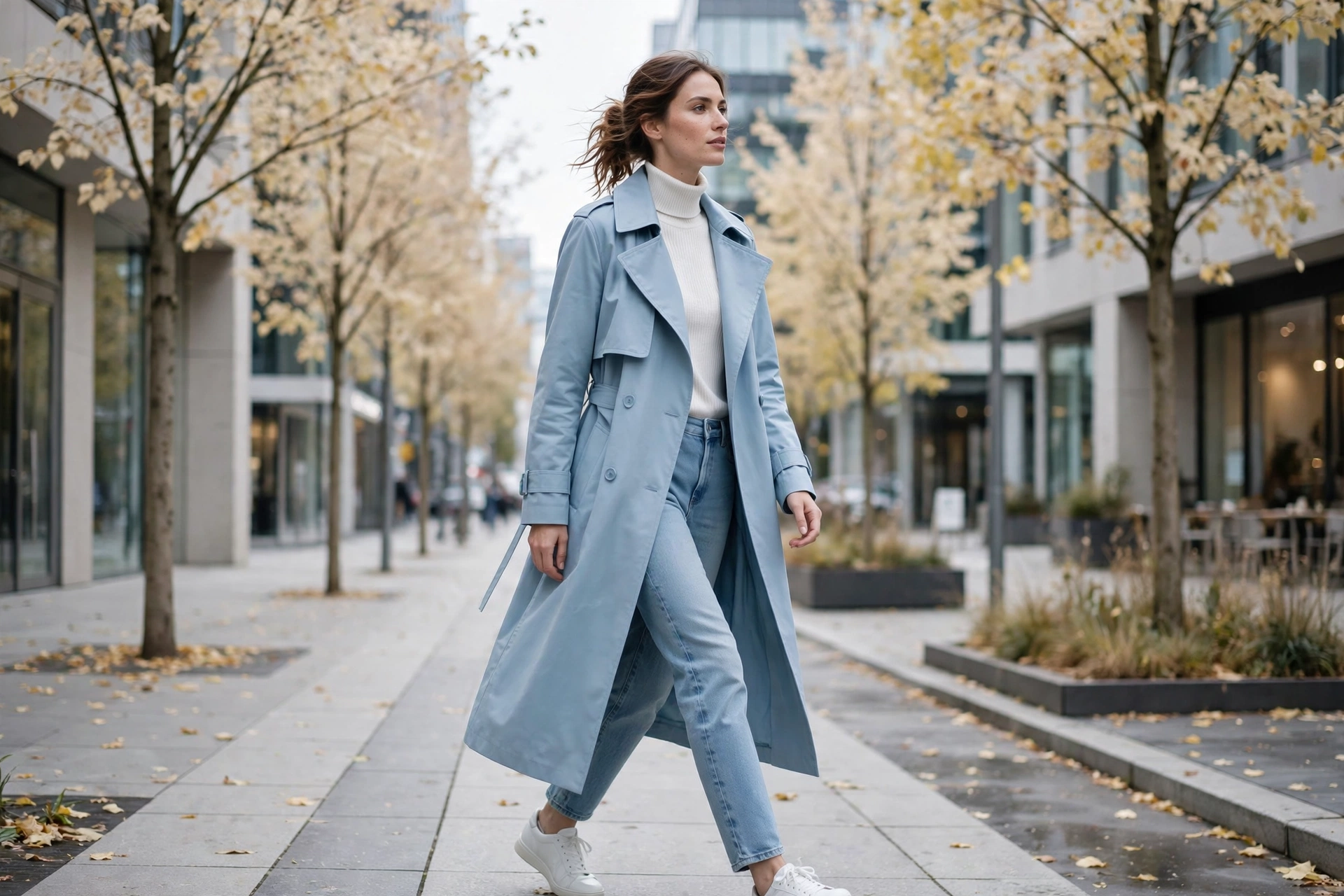 Icy blue trench coat fall outfit 2026 with jeans