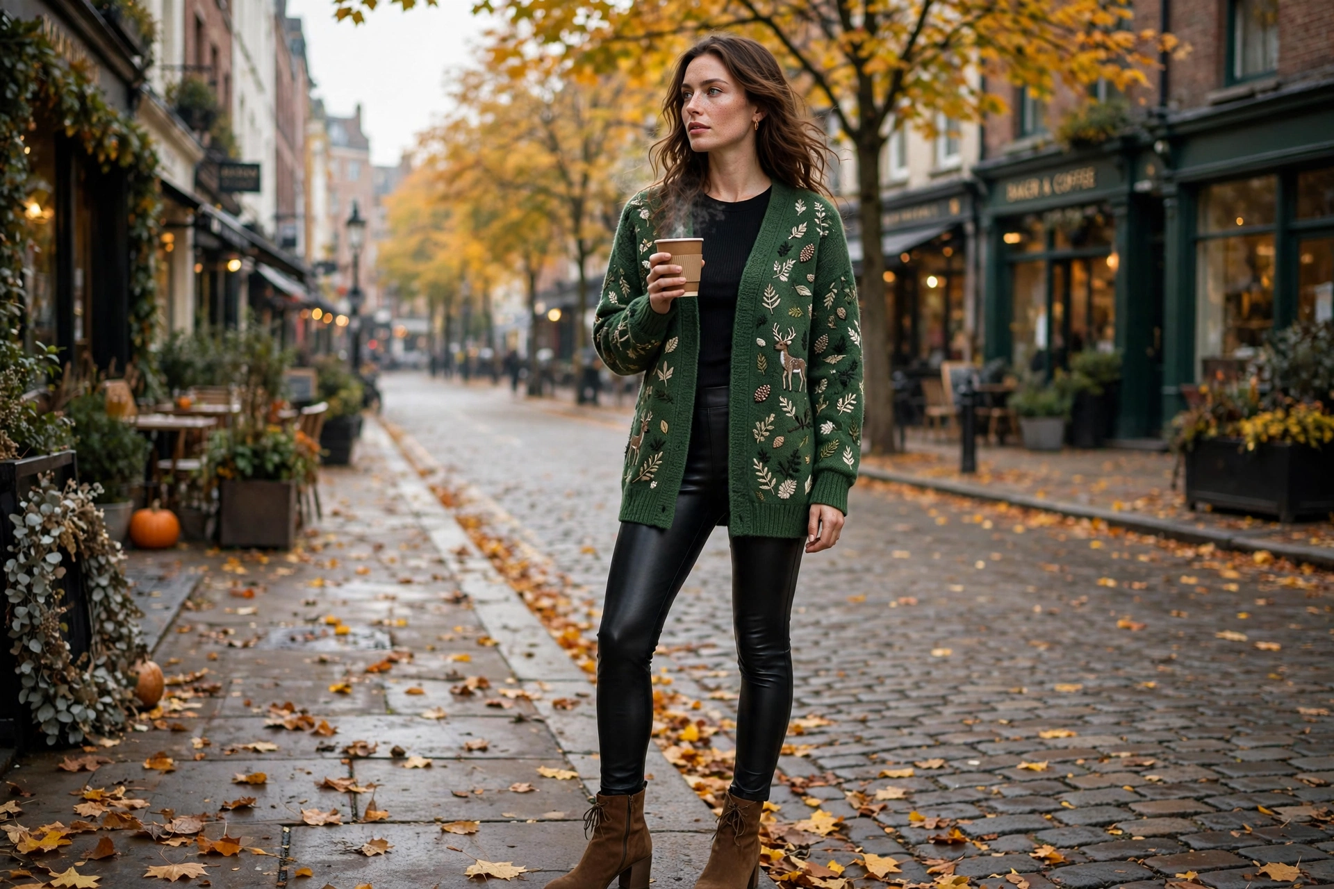 Deer print cardigan with leather leggings fall outfit 2026