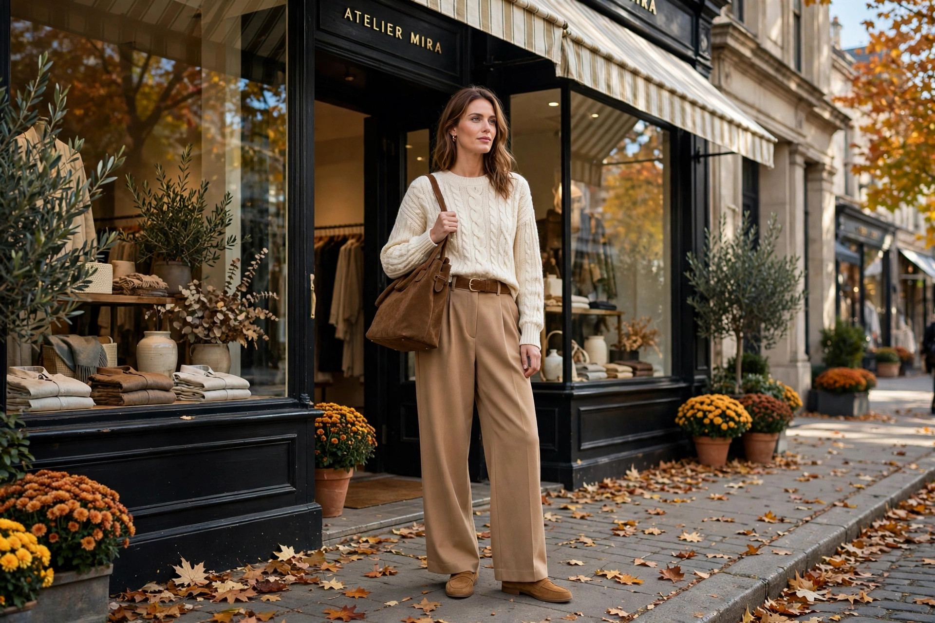 Cream sweater and wide leg trousers with brown suede accessories fall outfit 2026