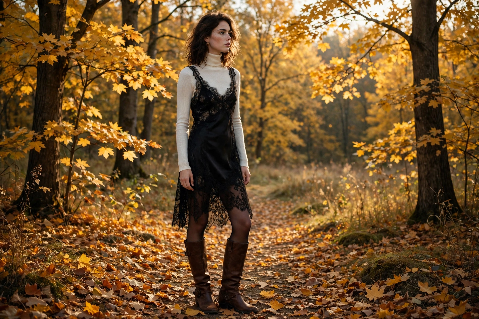 Lace detail slip dress over turtleneck fall outfit 2026