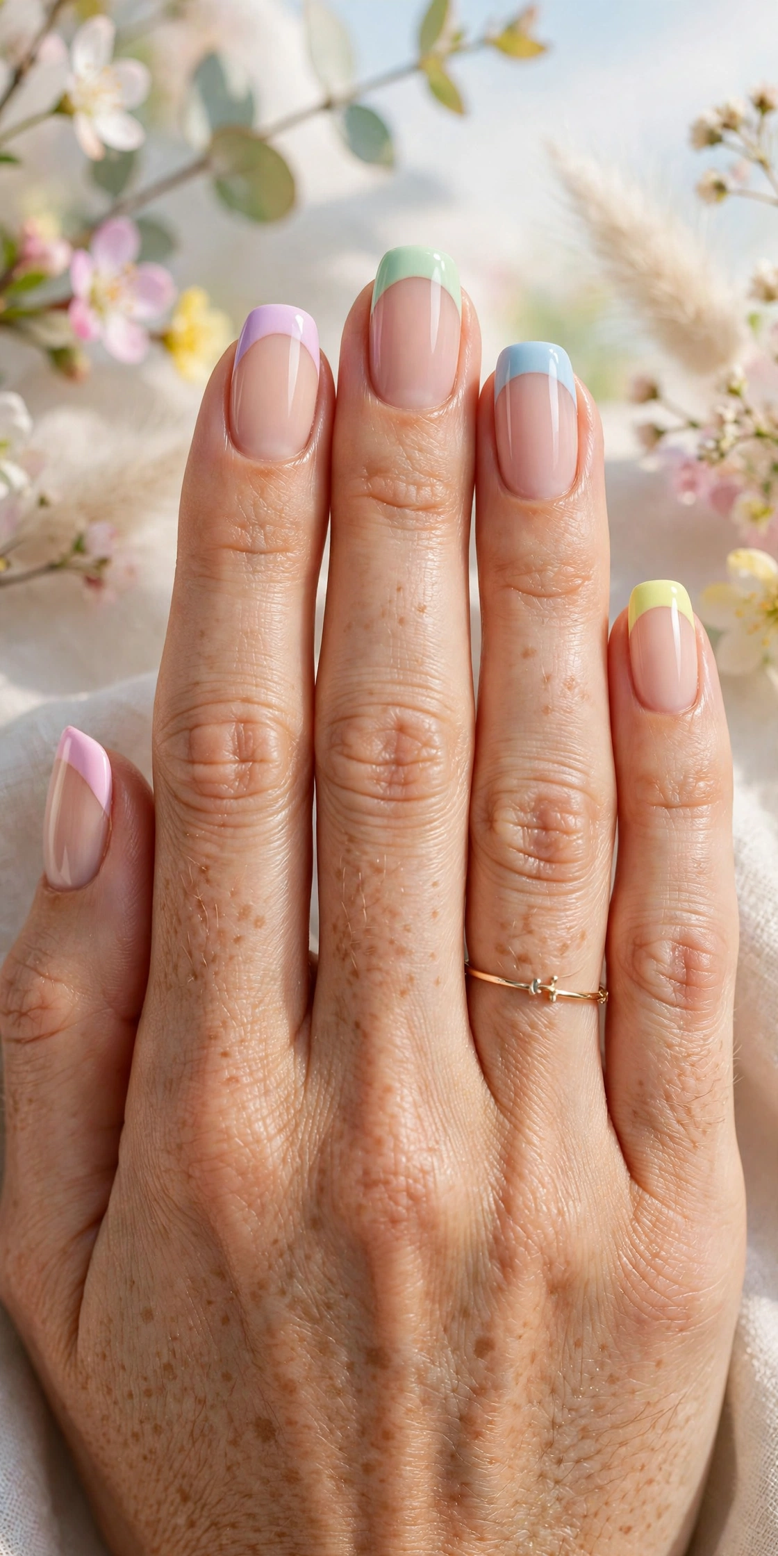 Pastel rainbow French tip nails in soft colors