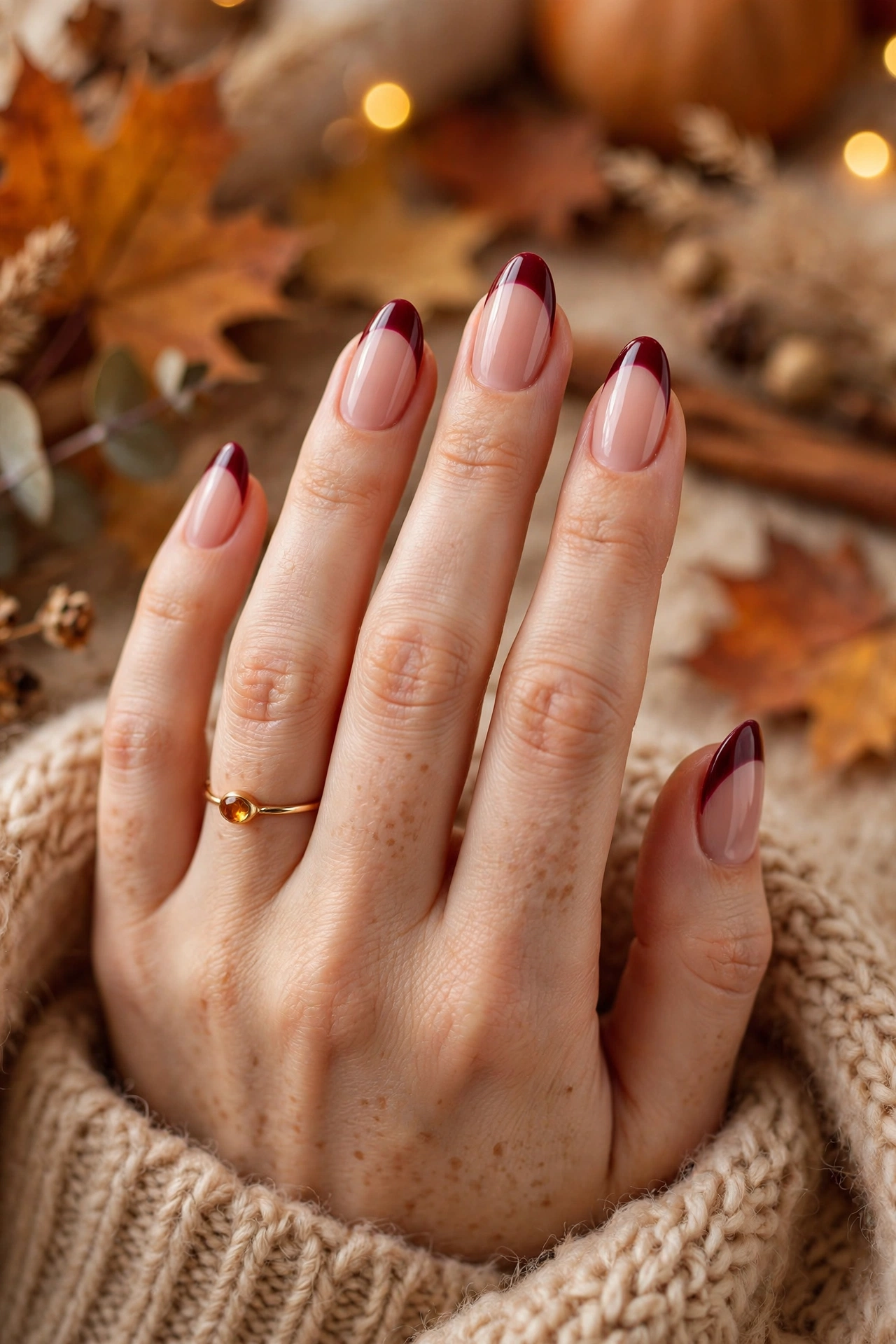 Burgundy French tip nails for fall
