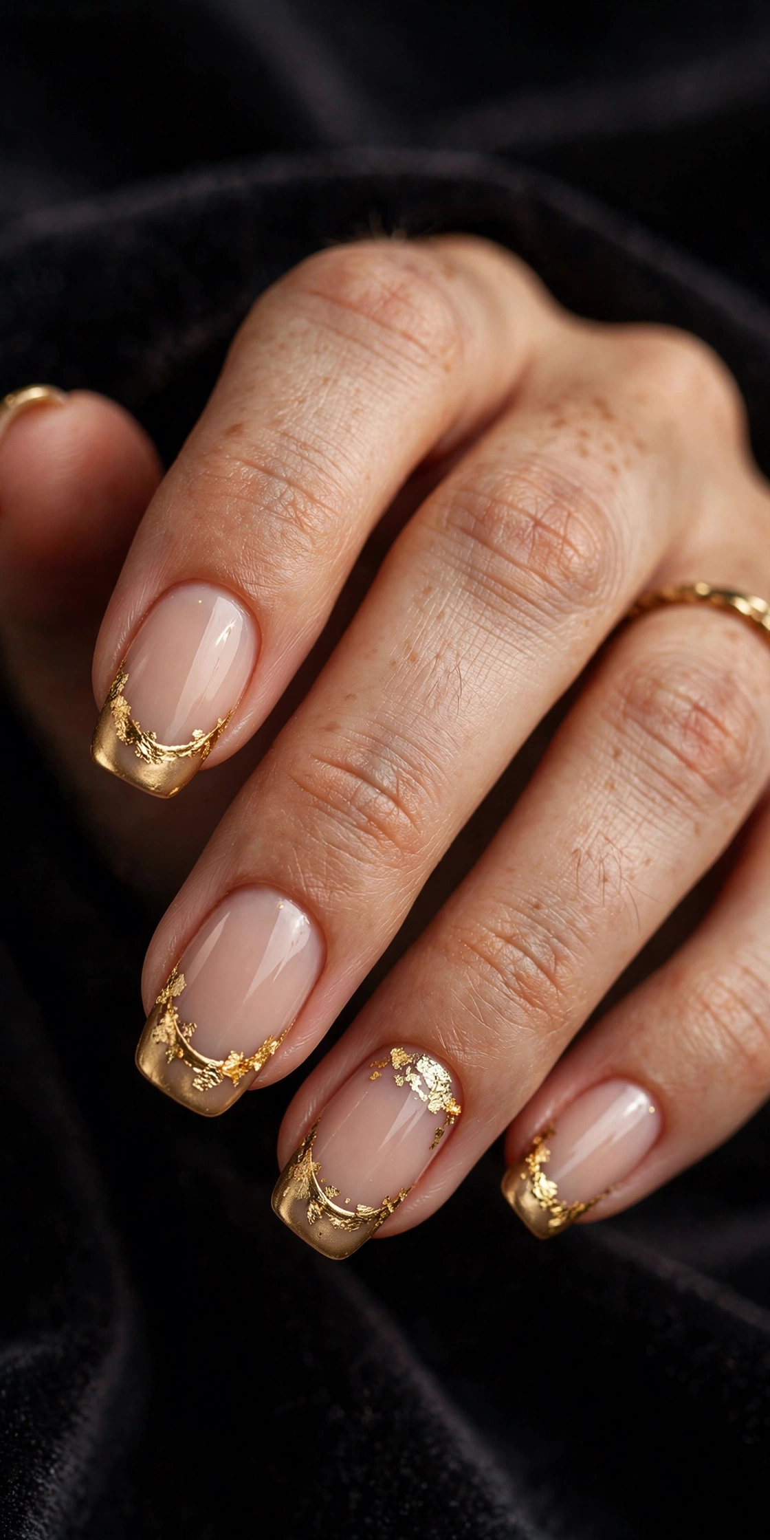 Gold foil French tip nails with metallic accents