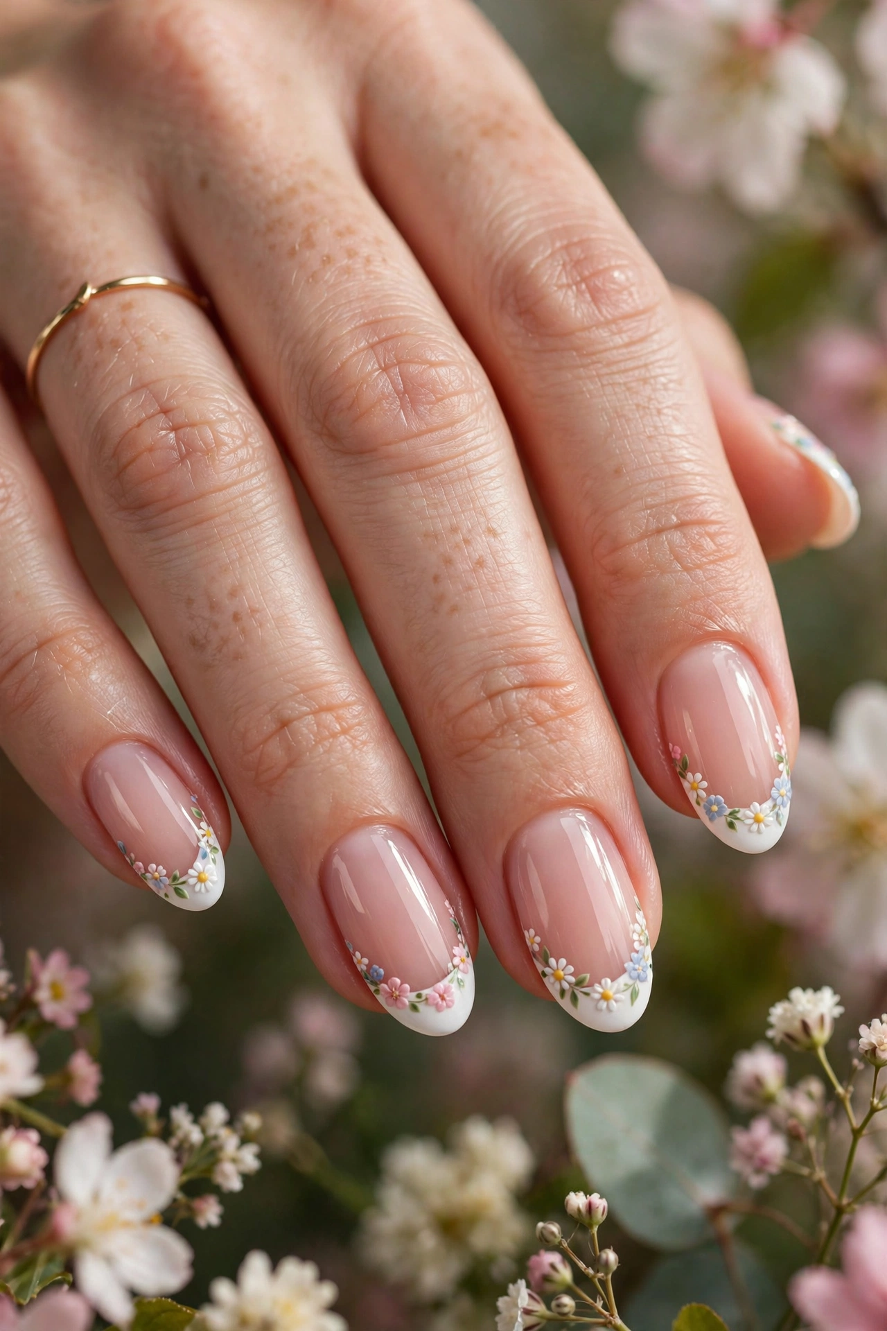 Floral French tip nails with delicate flower art