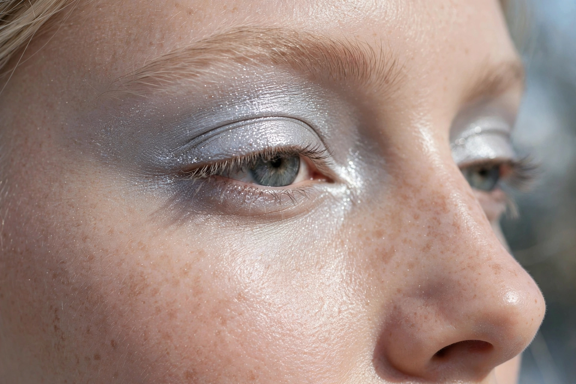 Classic icy silver frosted makeup look with shimmery eyeshadow