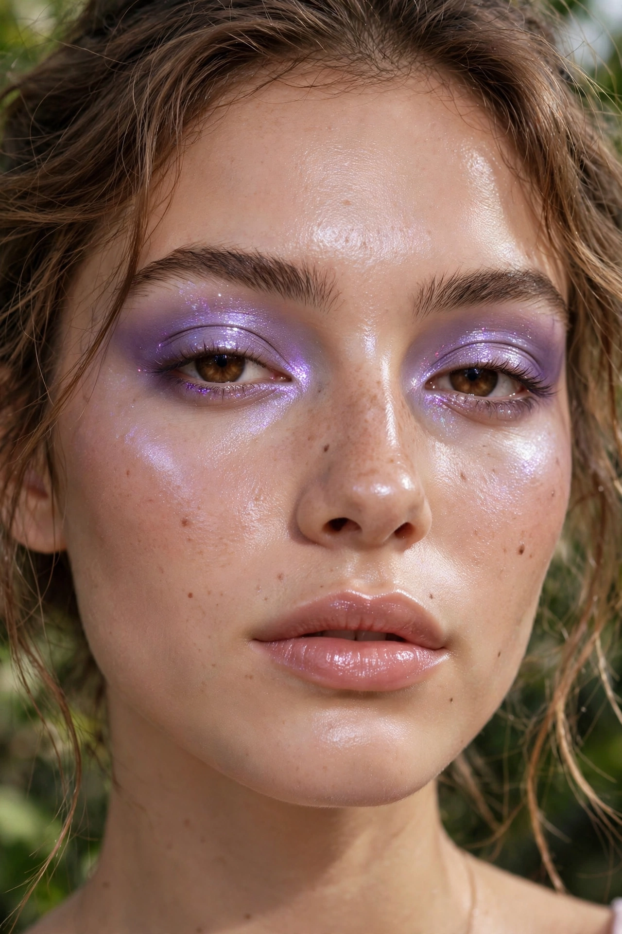 Frosted lilac shimmer makeup look with cool purple eyeshadow and glow