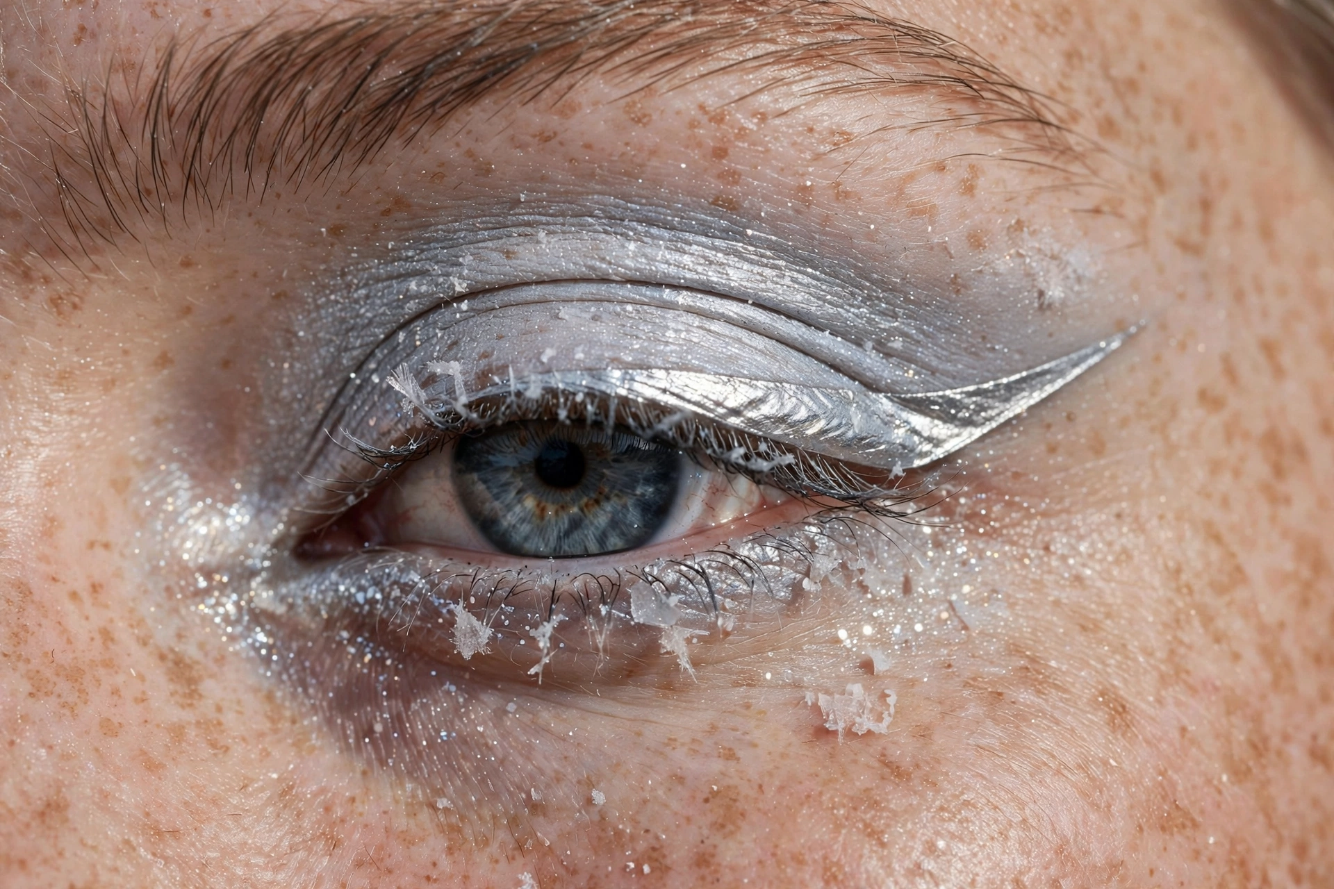 Silver eyeliner frosted makeup look with metallic winged liner
