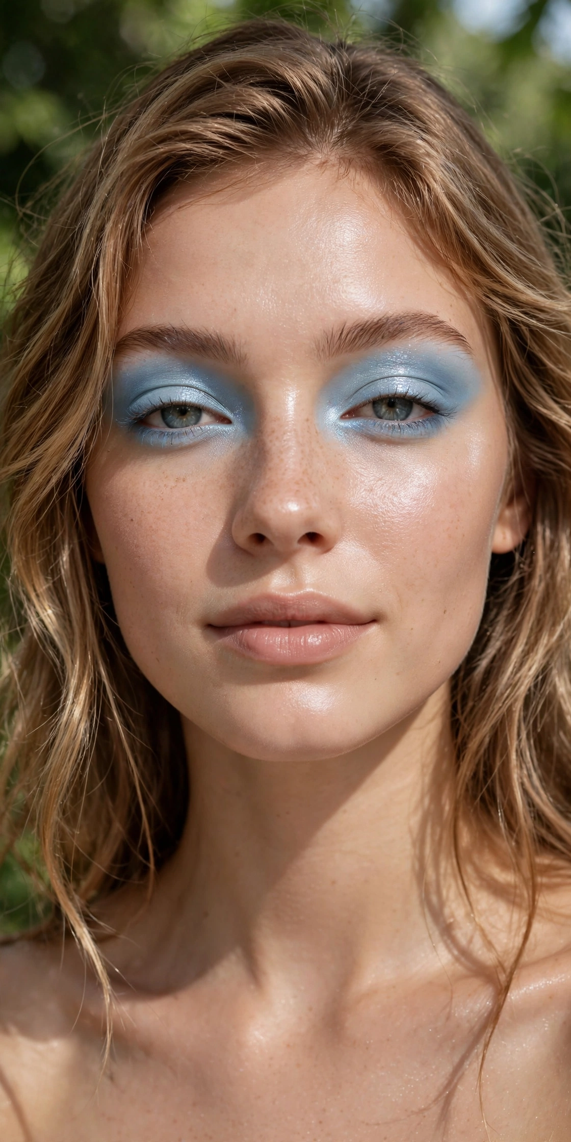 Frosted blue eyeshadow makeup look with icy pastel shimmer