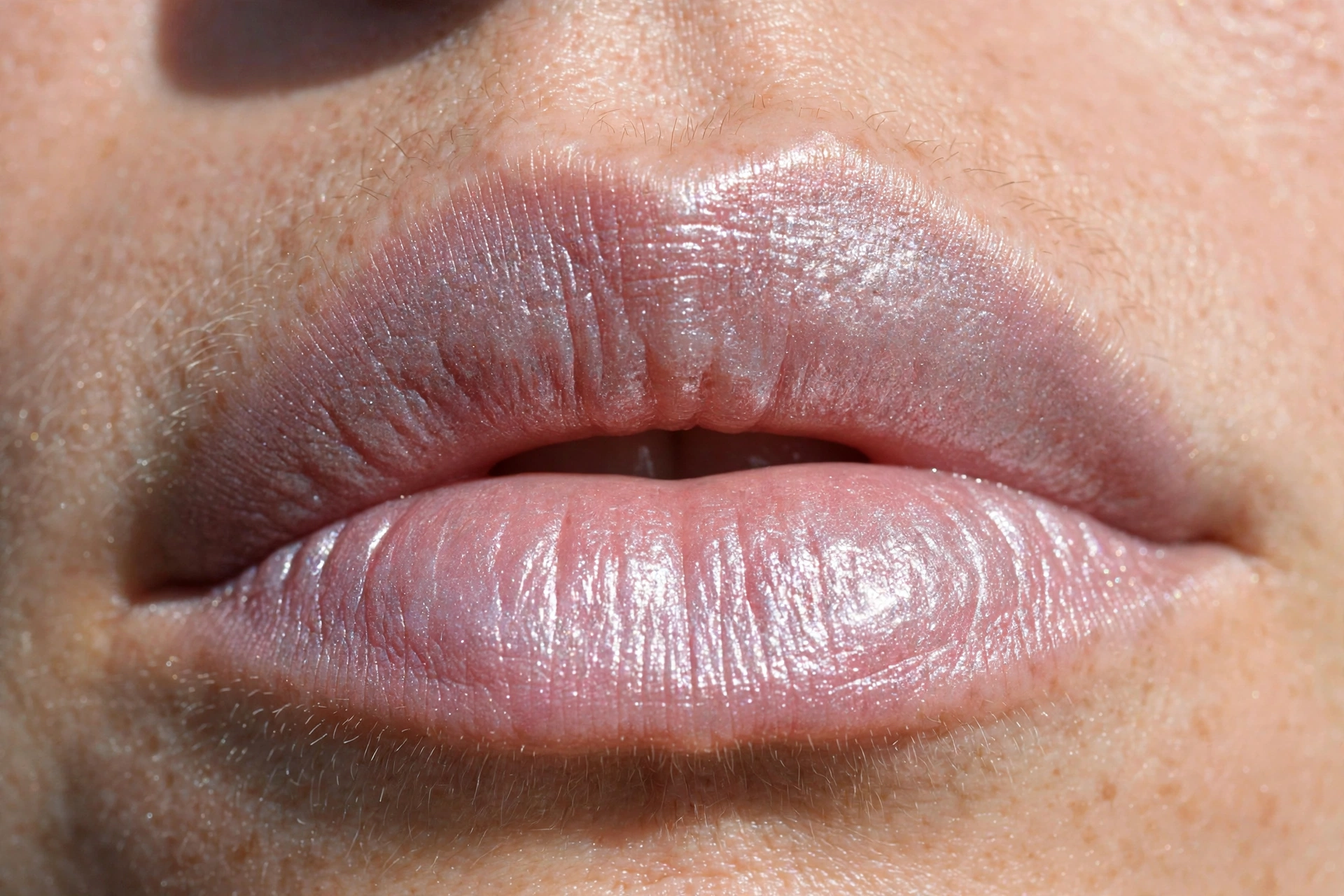 Metallic frosted lips makeup look with silver-pink glossy lip color