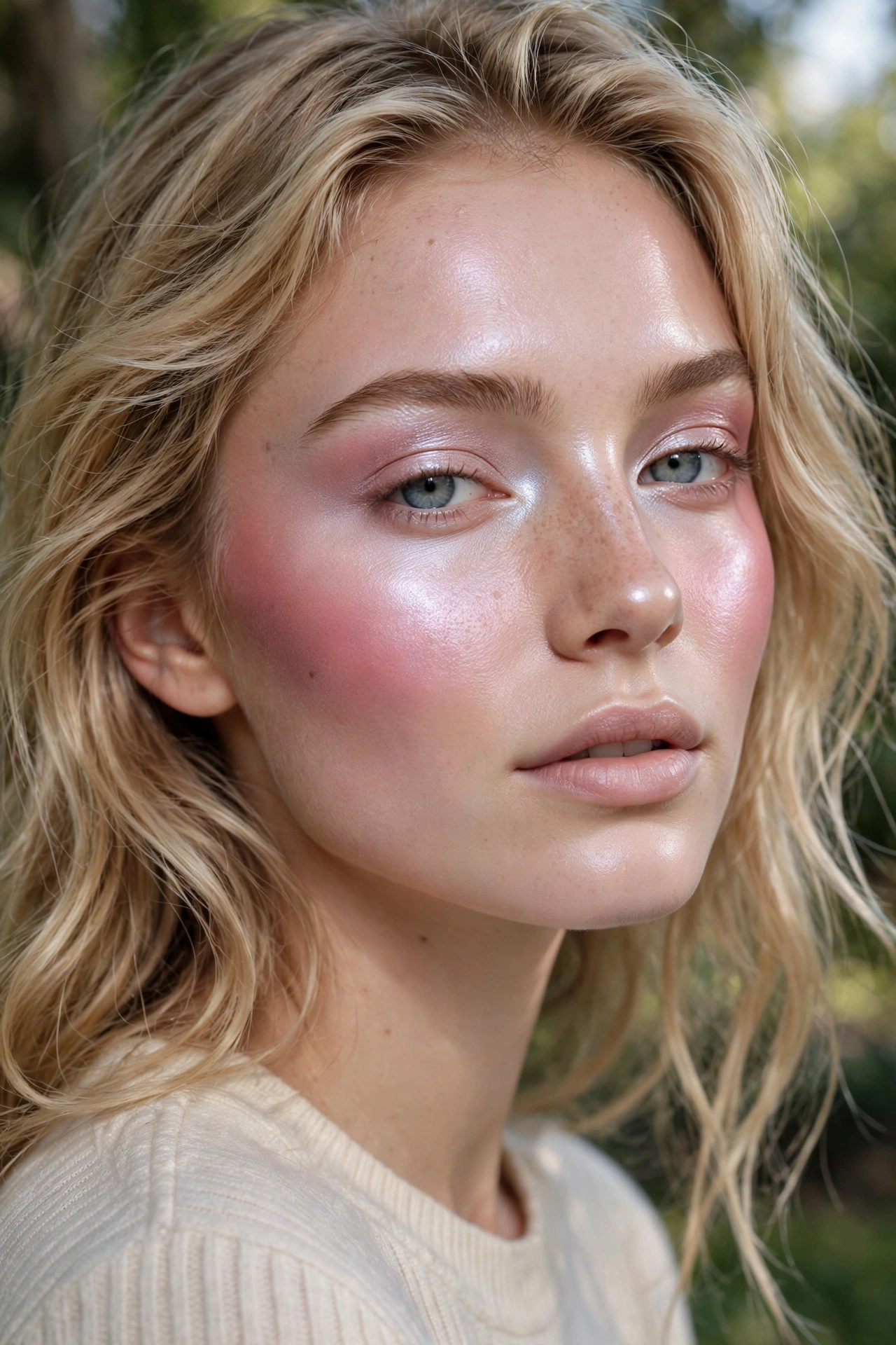 Frosted blush and highlight makeup look with cool-toned radiant cheeks
