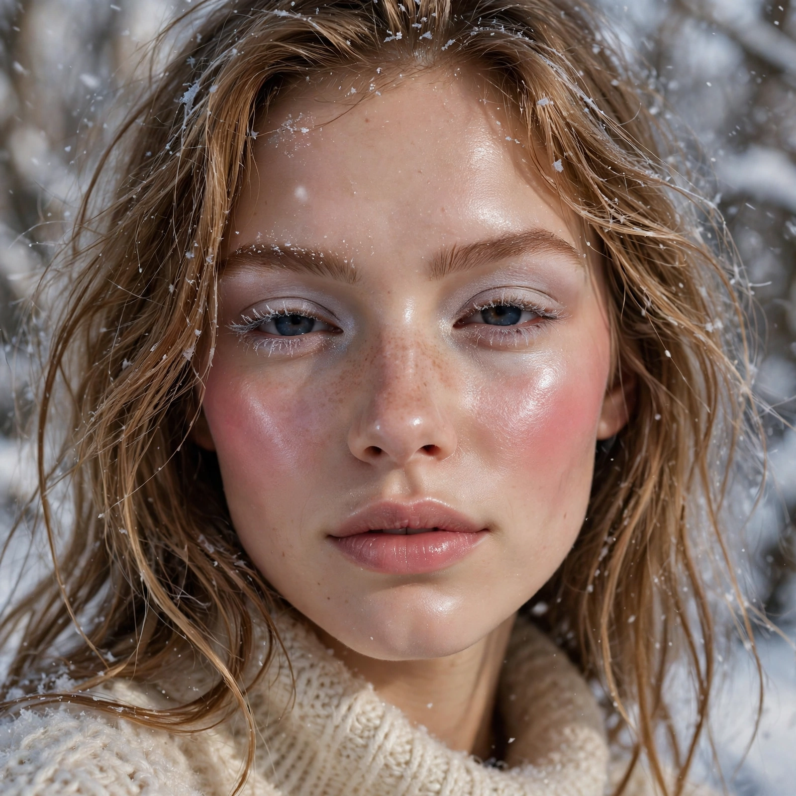 Snow-kissed frosted makeup look with rosy cool blush and dewy skin