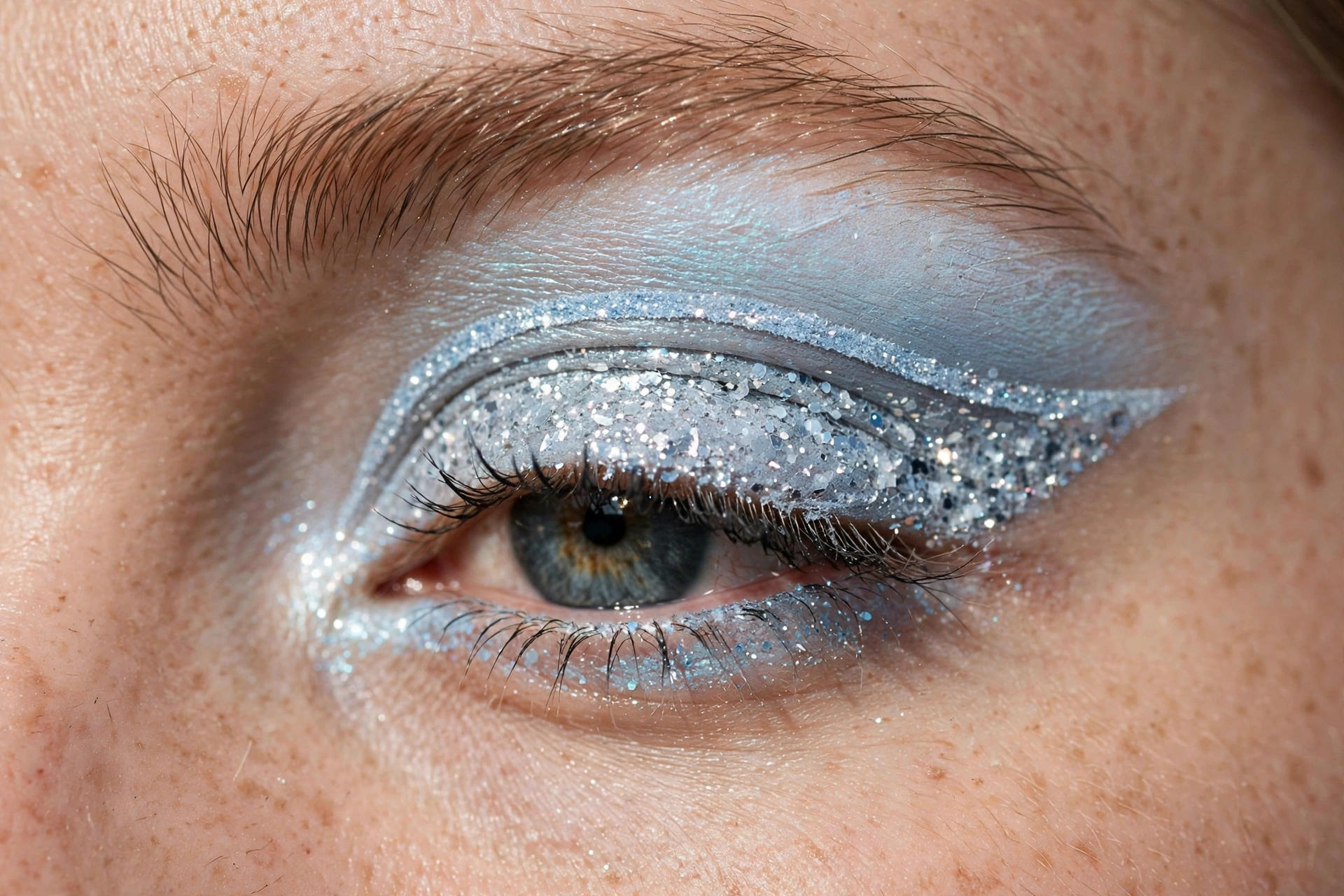 Frosted glitter cut crease makeup look with sparkling icy eyeshadow
