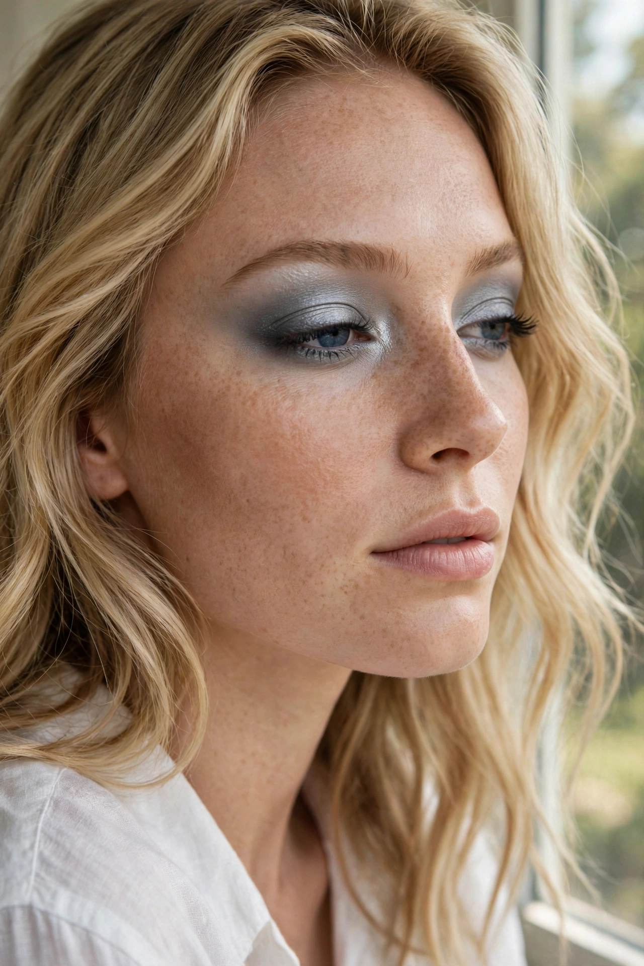 Cool-toned frosted smoky eye makeup look with silver-grey blended shadow