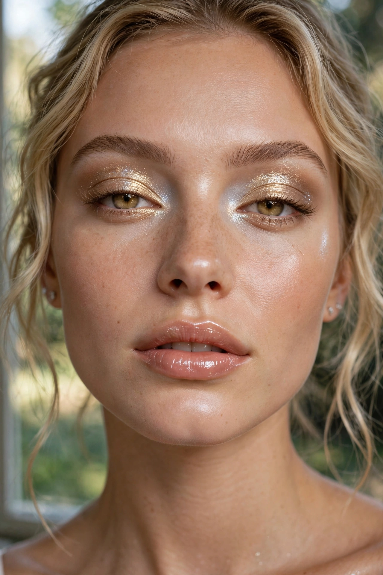 Champagne frost party makeup look with golden-icy shimmer and glossy lips