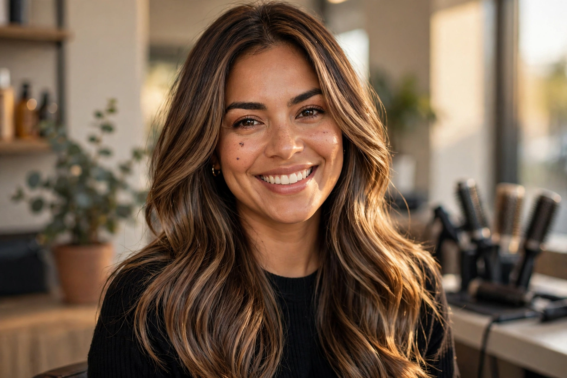 Classic mocha balayage hair on long layered brunette hair with caramel mocha ribbons