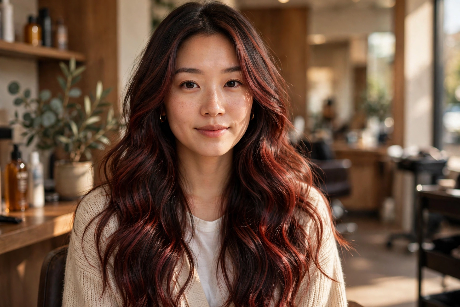 Cherry cola mocha melt balayage with red mocha tones on long wavy hair