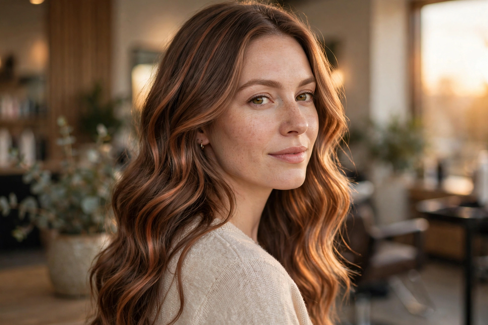 Copper mocha ribbon balayage with warm copper highlights on wavy brunette hair