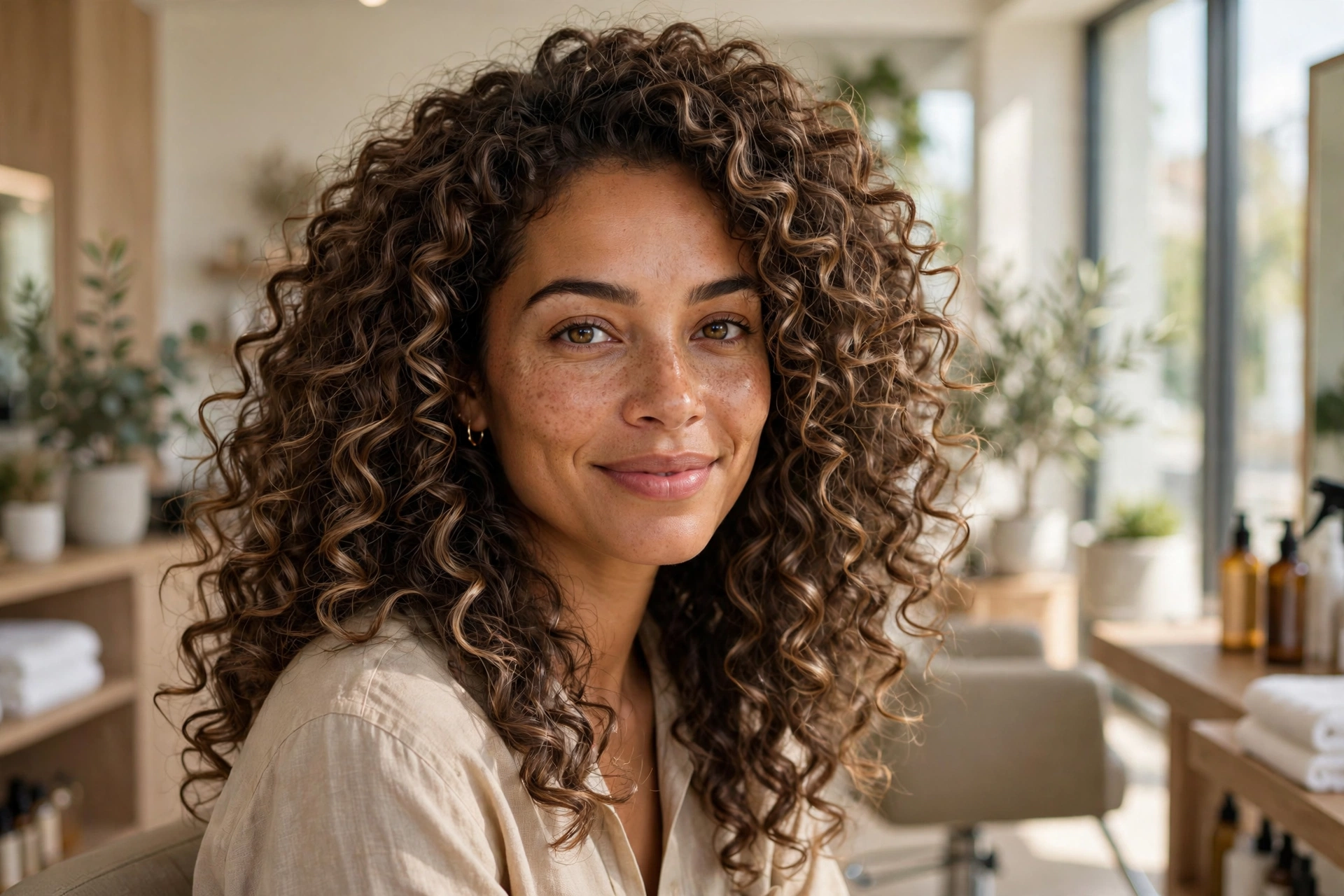 Mocha balayage hair on voluminous curly brown hair with sun-kissed highlights