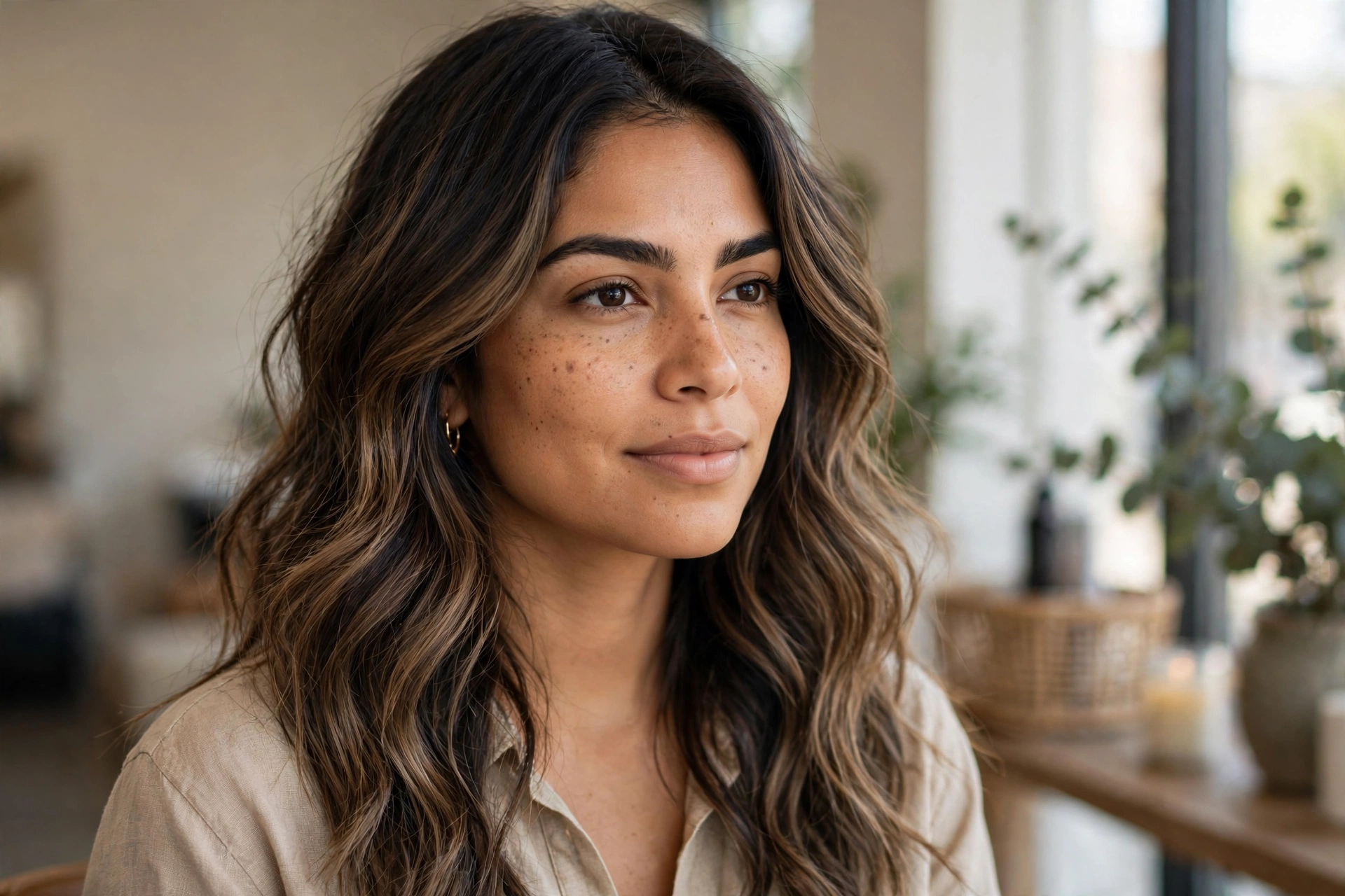 Lived-in mocha brunette balayage with natural dark roots and soft mocha ends