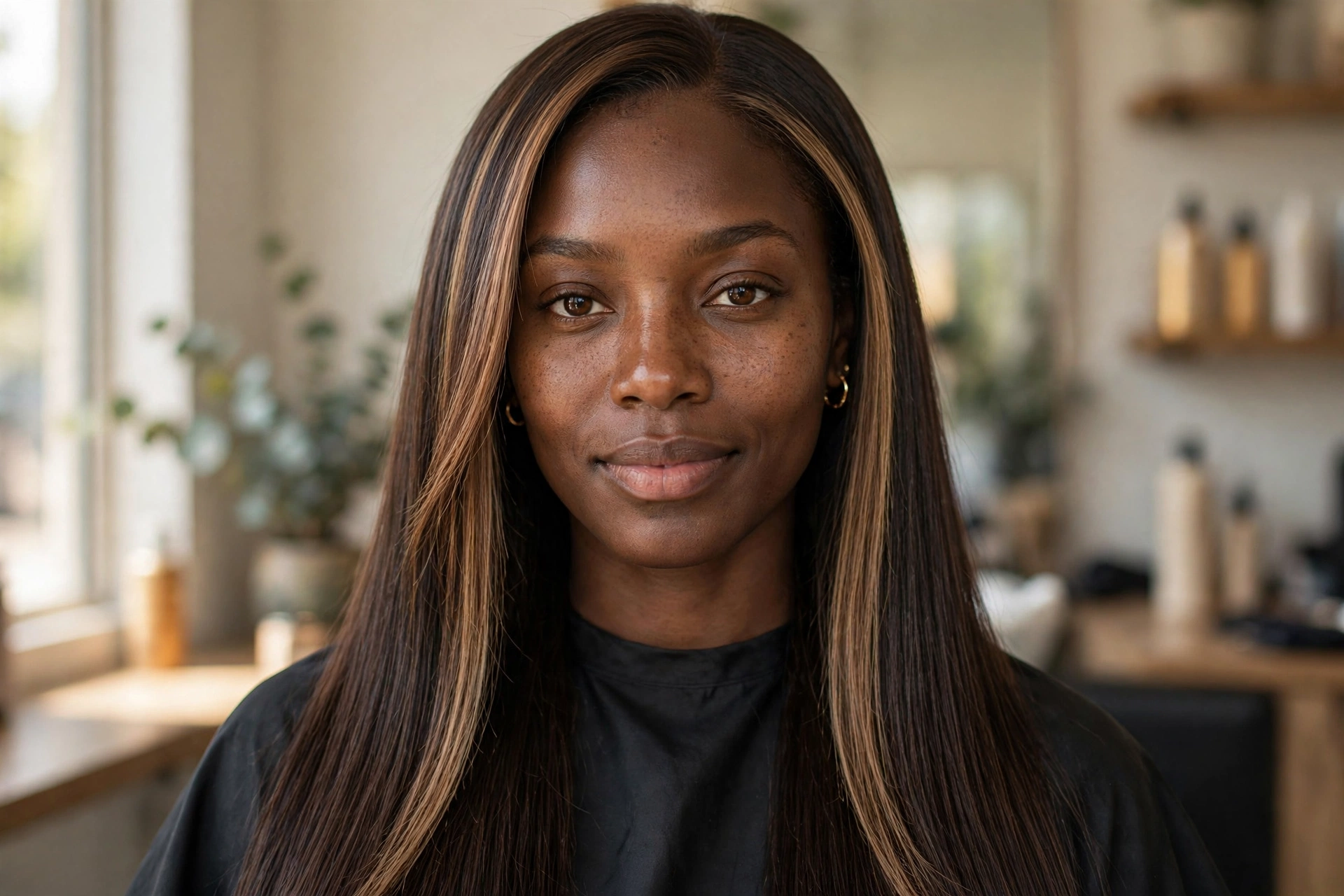 Face-framing mocha money piece highlights on long straight dark brown hair