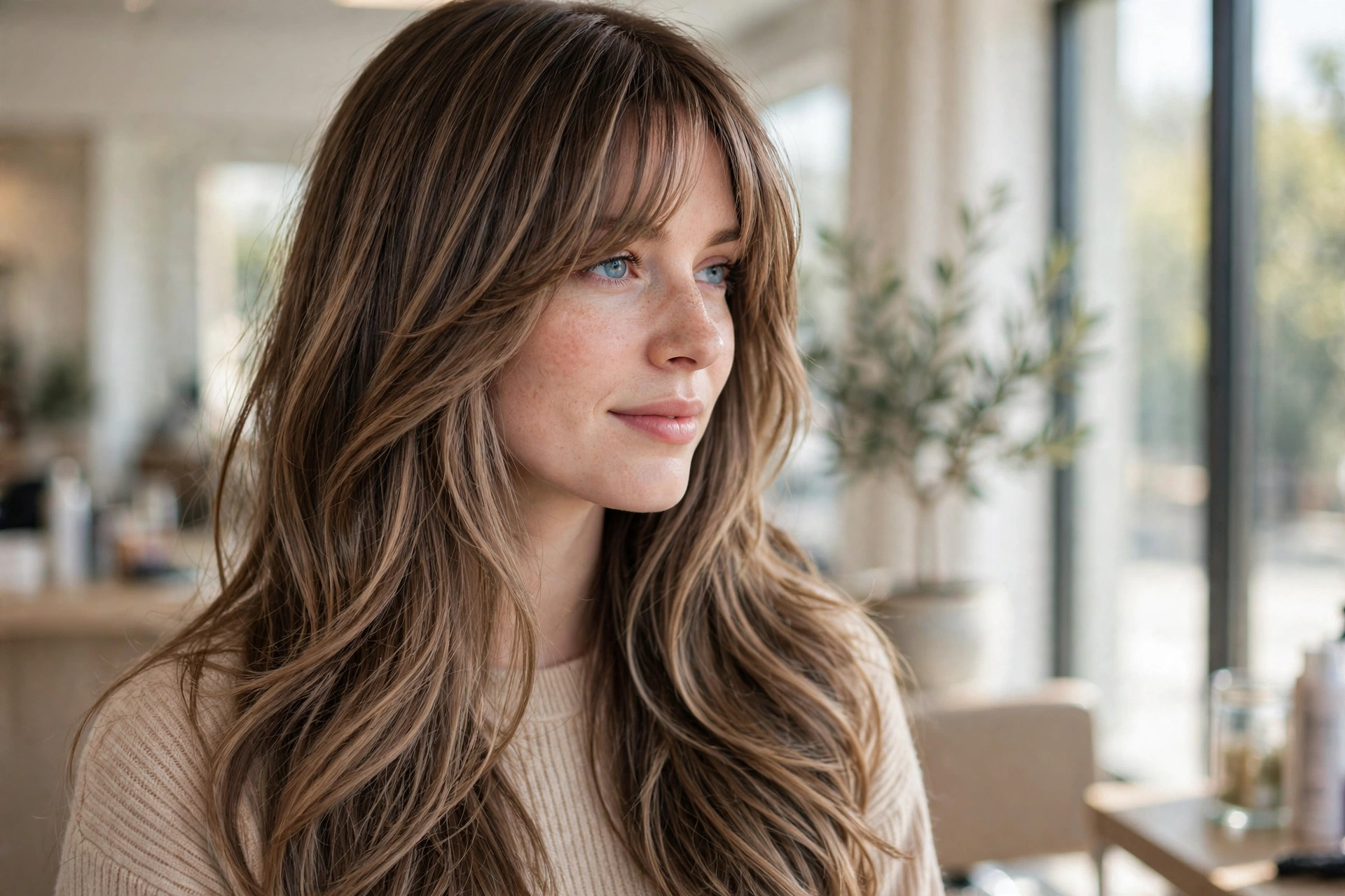 Mocha balayage hair with curtain bangs on long layered brunette hair