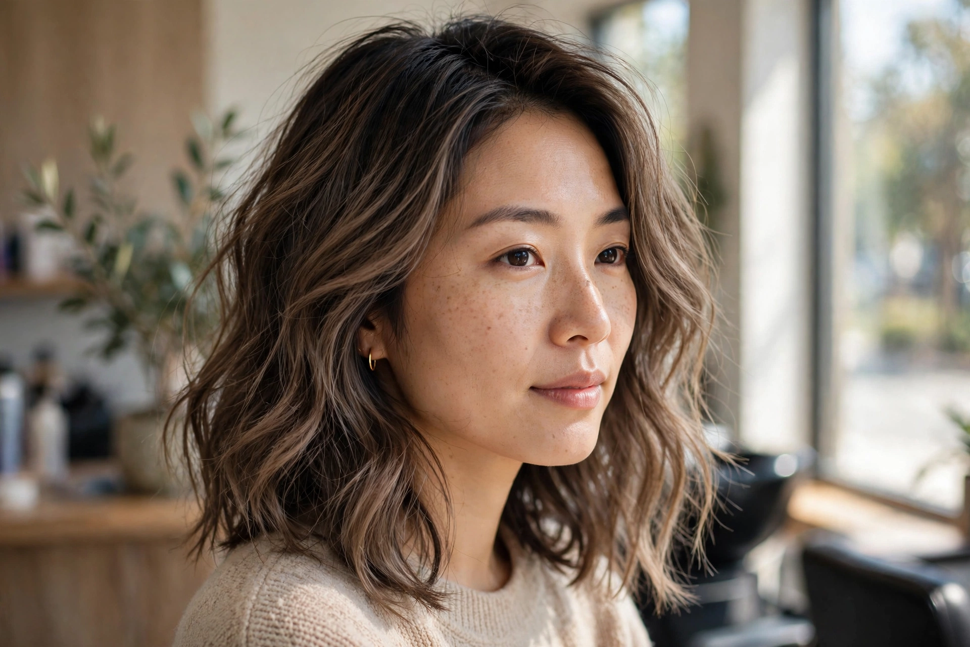 Low-maintenance mocha balayage grow-out with soft root melt on medium wavy hair