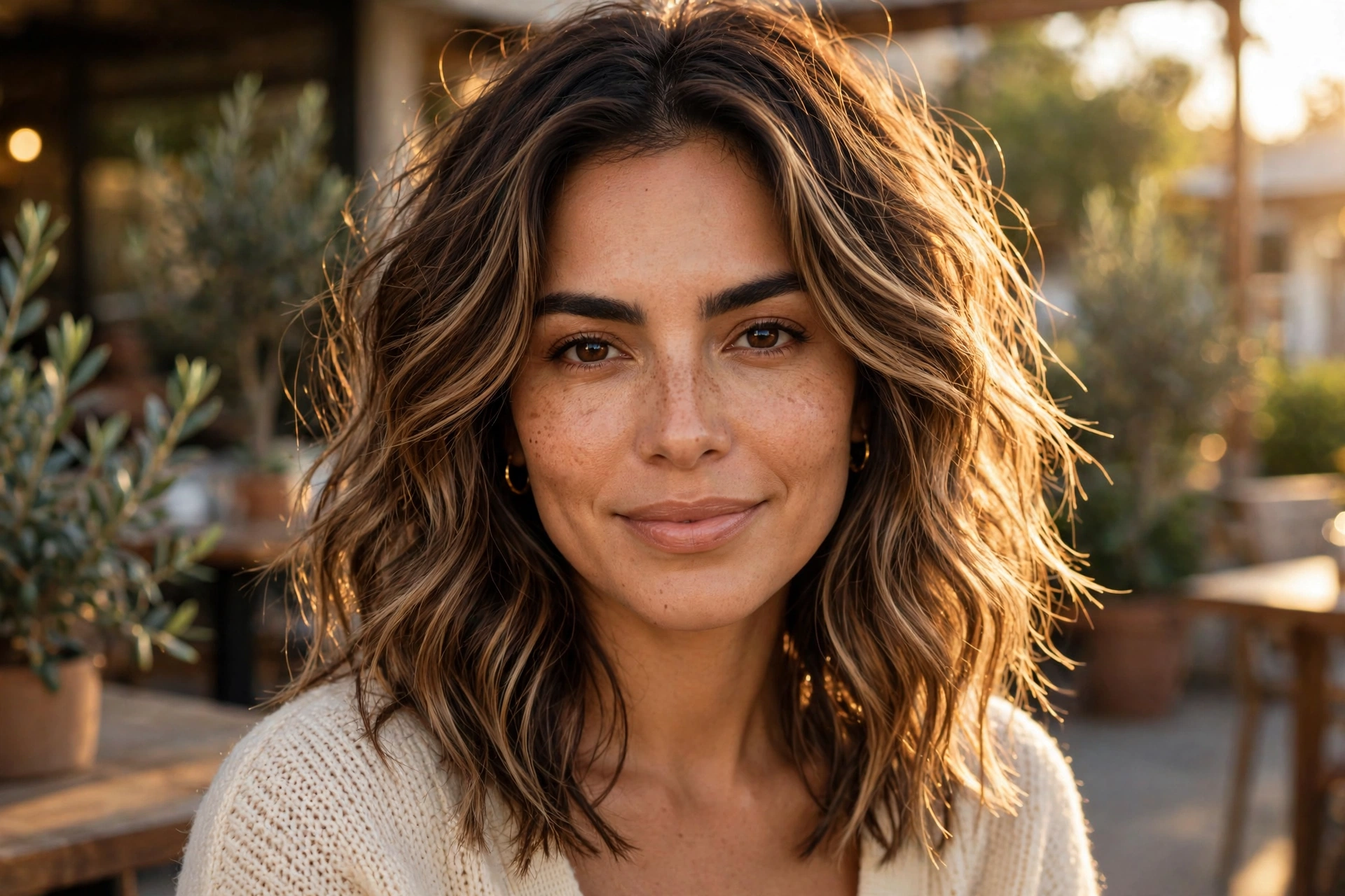 Mocha balayage beach waves on medium-length tousled brunette hair