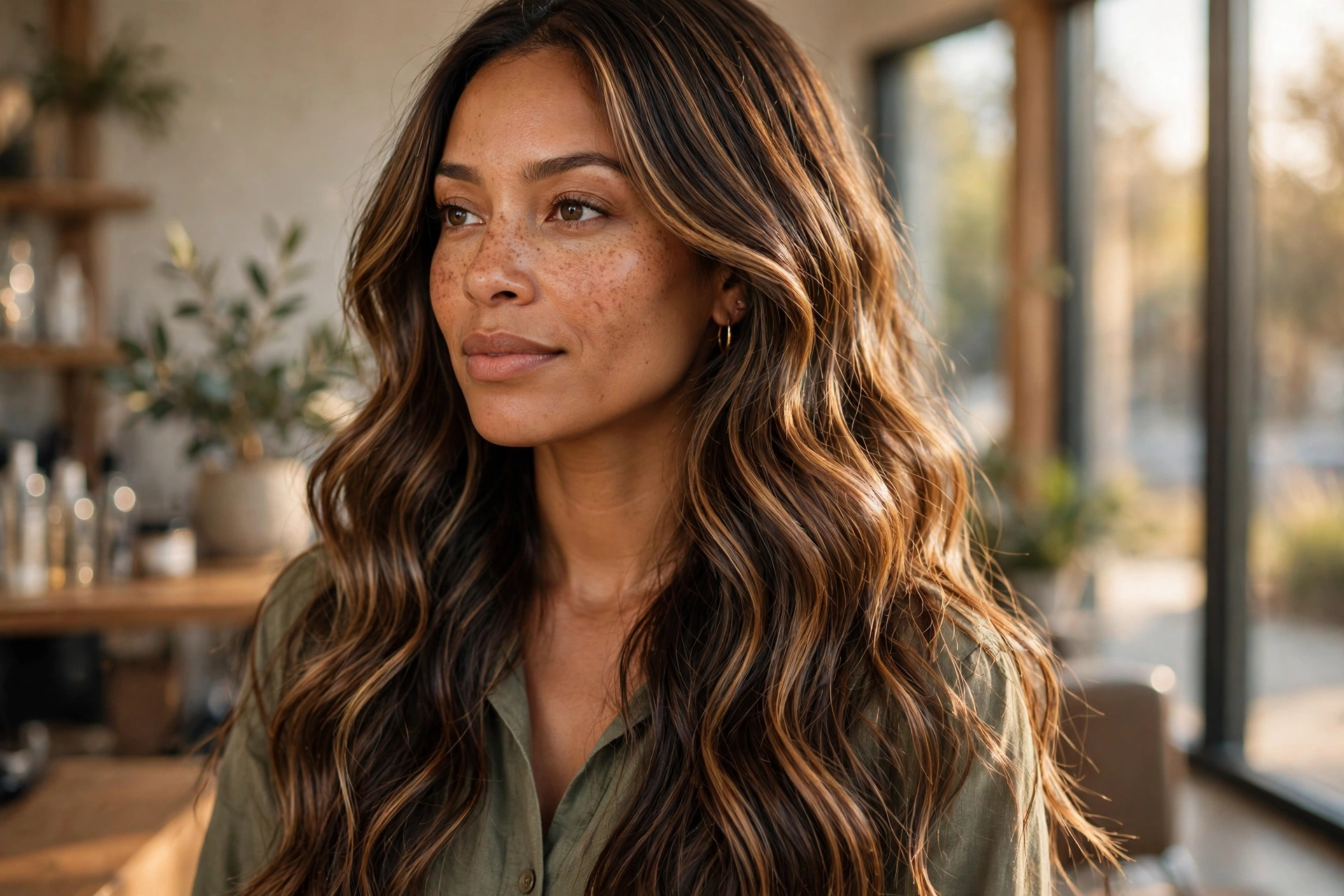 Warm toffee mocha highlights balayage on long wavy brown hair