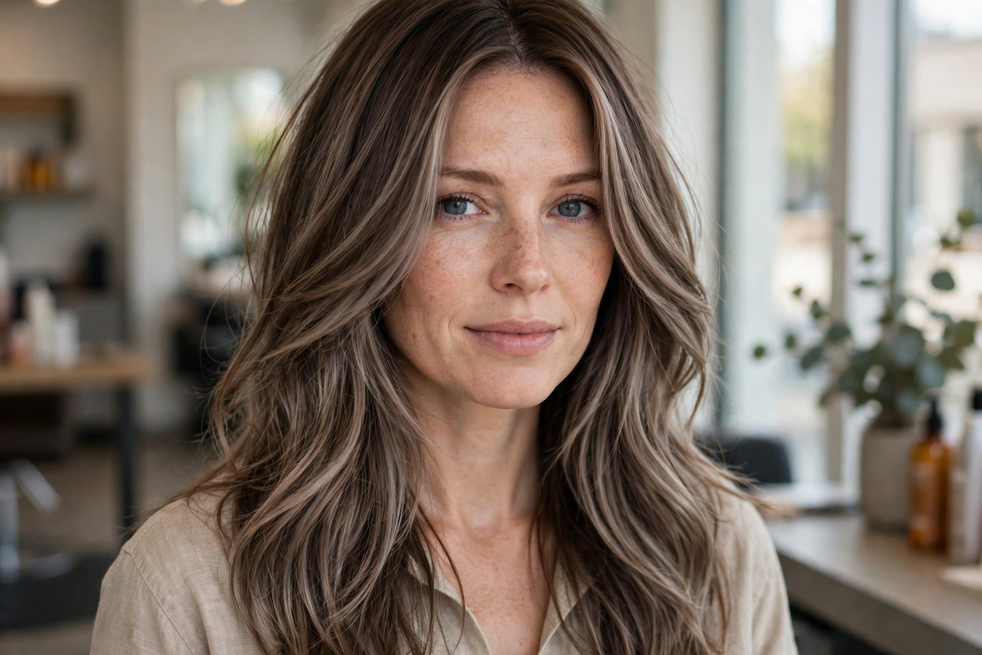 Cool ashy mocha balayage on long layered brunette hair with smoky tones