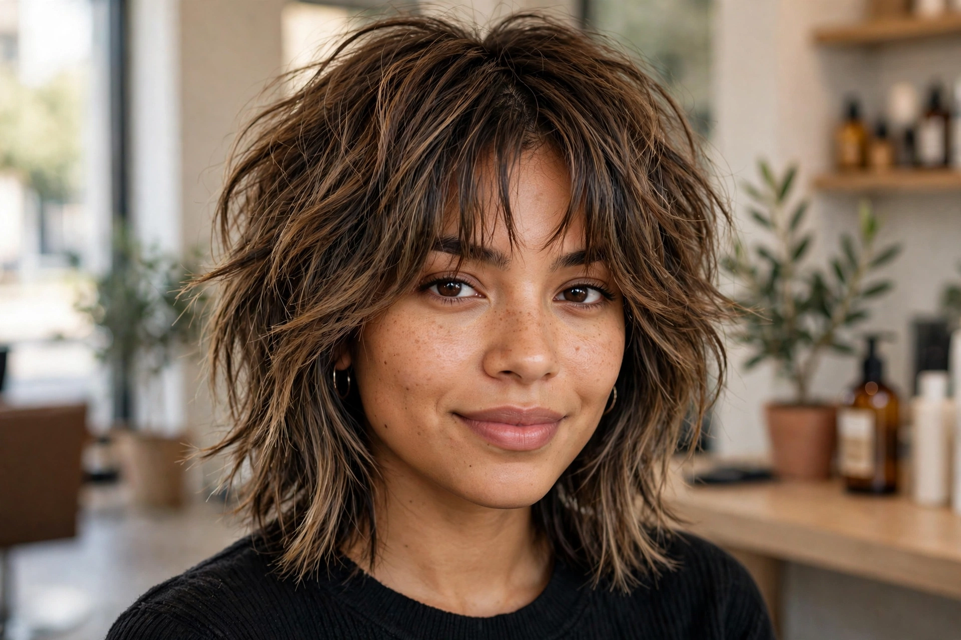 Textured mocha shag haircut with layered mocha balayage dimension