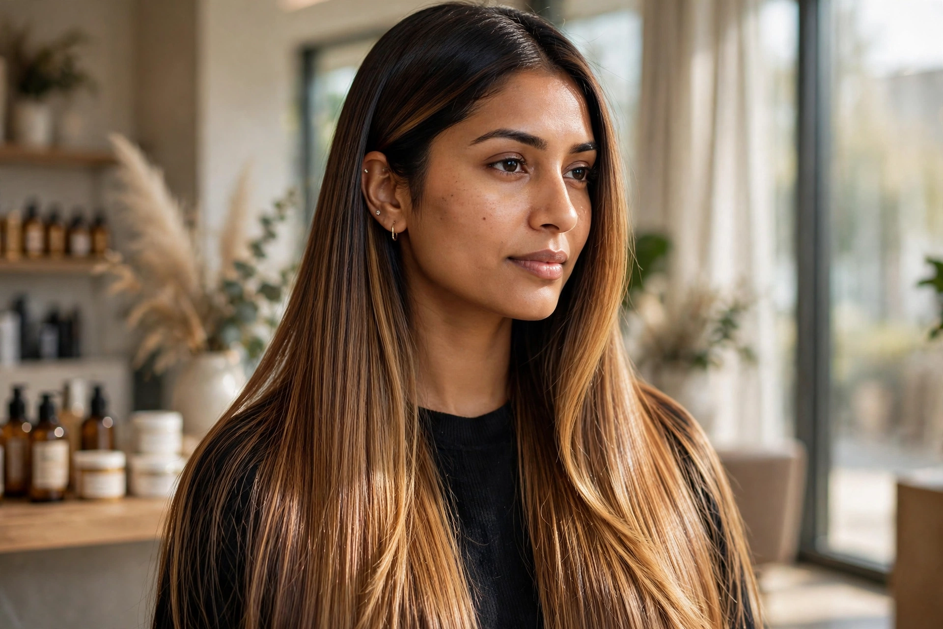 Honey caramel mocha balayage on sleek long straight brunette hair