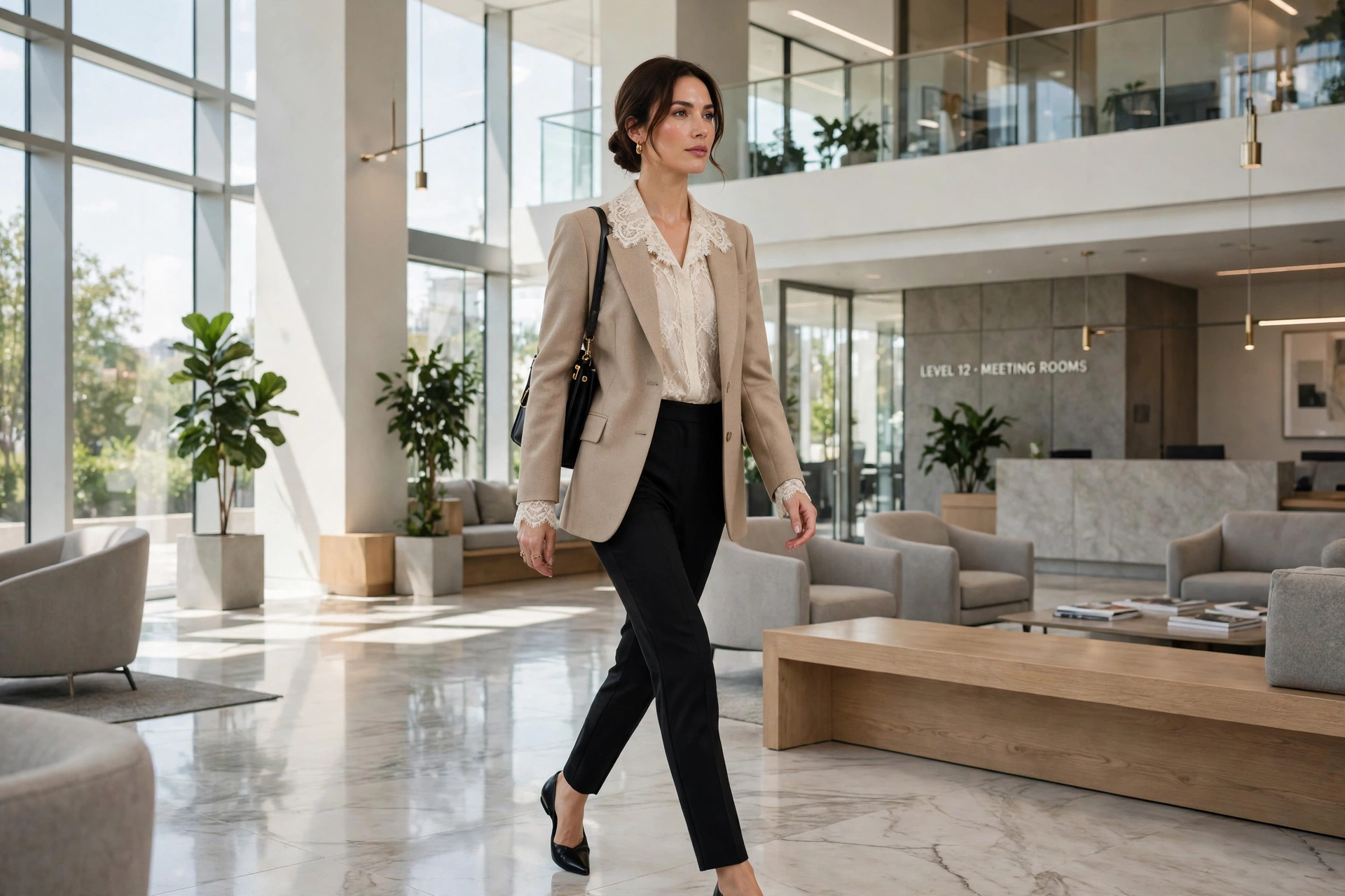 Ivory lace blouse under tailored blazer work lace outfit idea