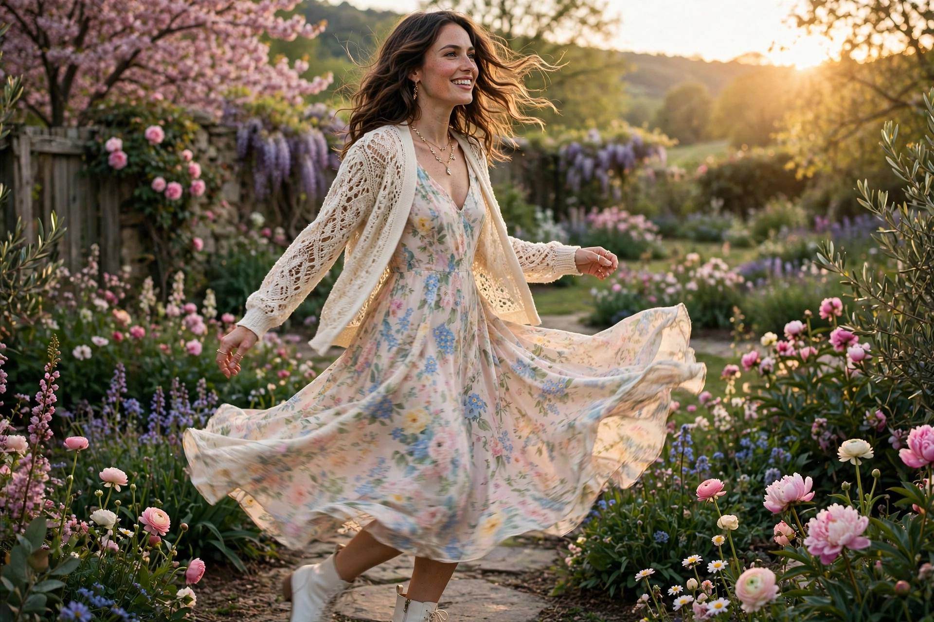 Cream lace cardigan over floral dress romantic lace outfit idea