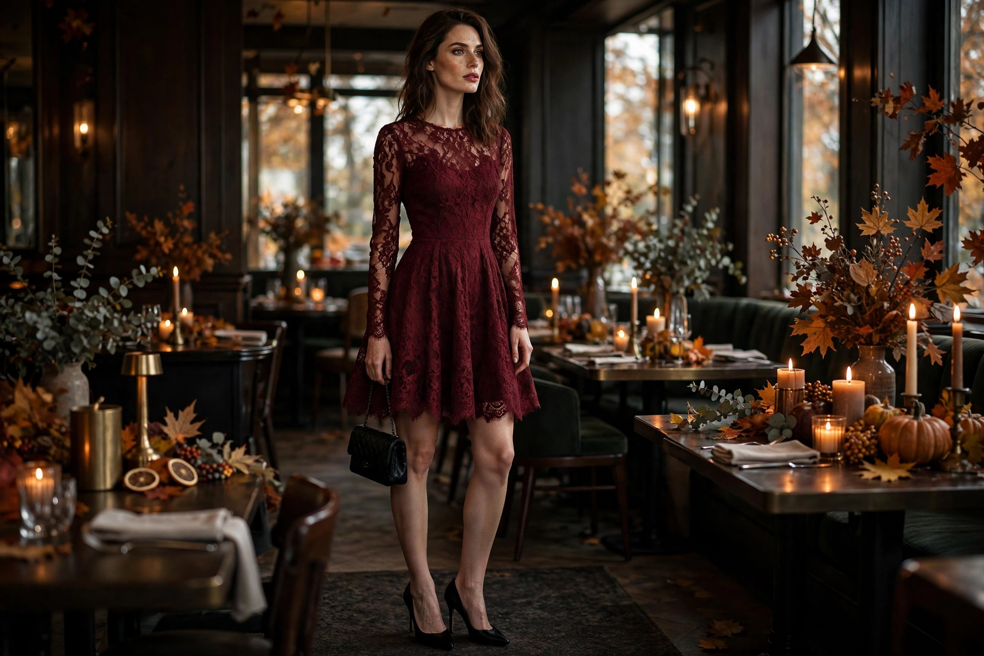 Burgundy lace cocktail dress fall lace outfit idea