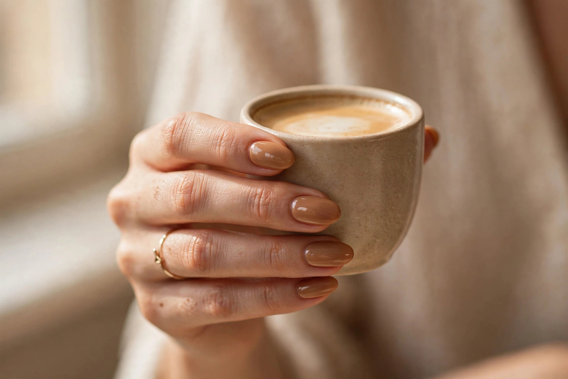 Latte nail designs with classic caramel nude polish on almond-shaped nails