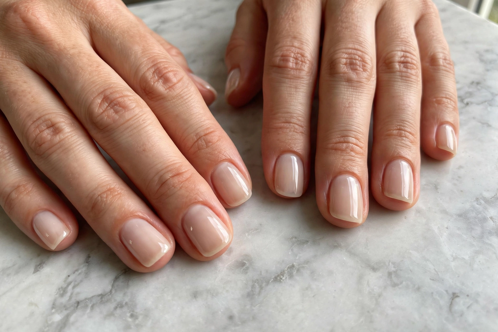 Iced latte nail designs with sheer milky nude polish and glossy finish