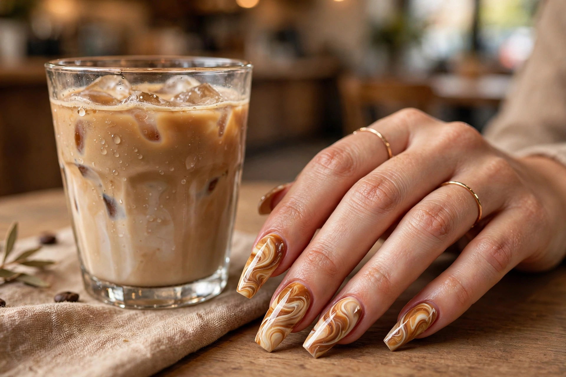 Latte nail designs with caramel and cream coffee swirl marble art