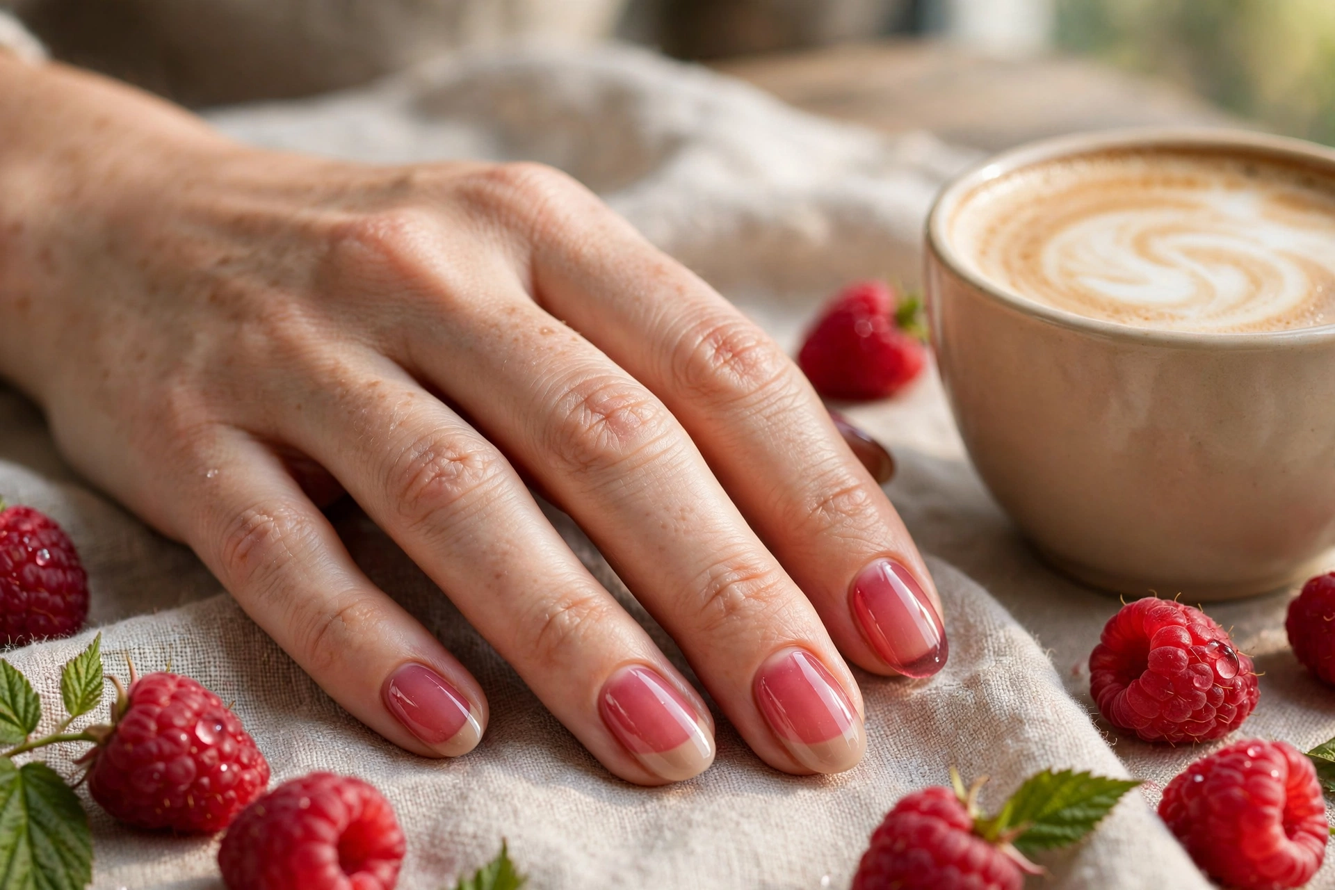 Raspberry jelly latte nail designs with translucent pink polish over nude