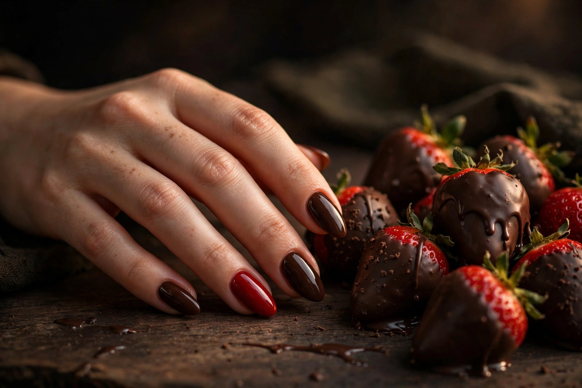 Chocolate-covered strawberry latte nail designs with glossy brown and red nails