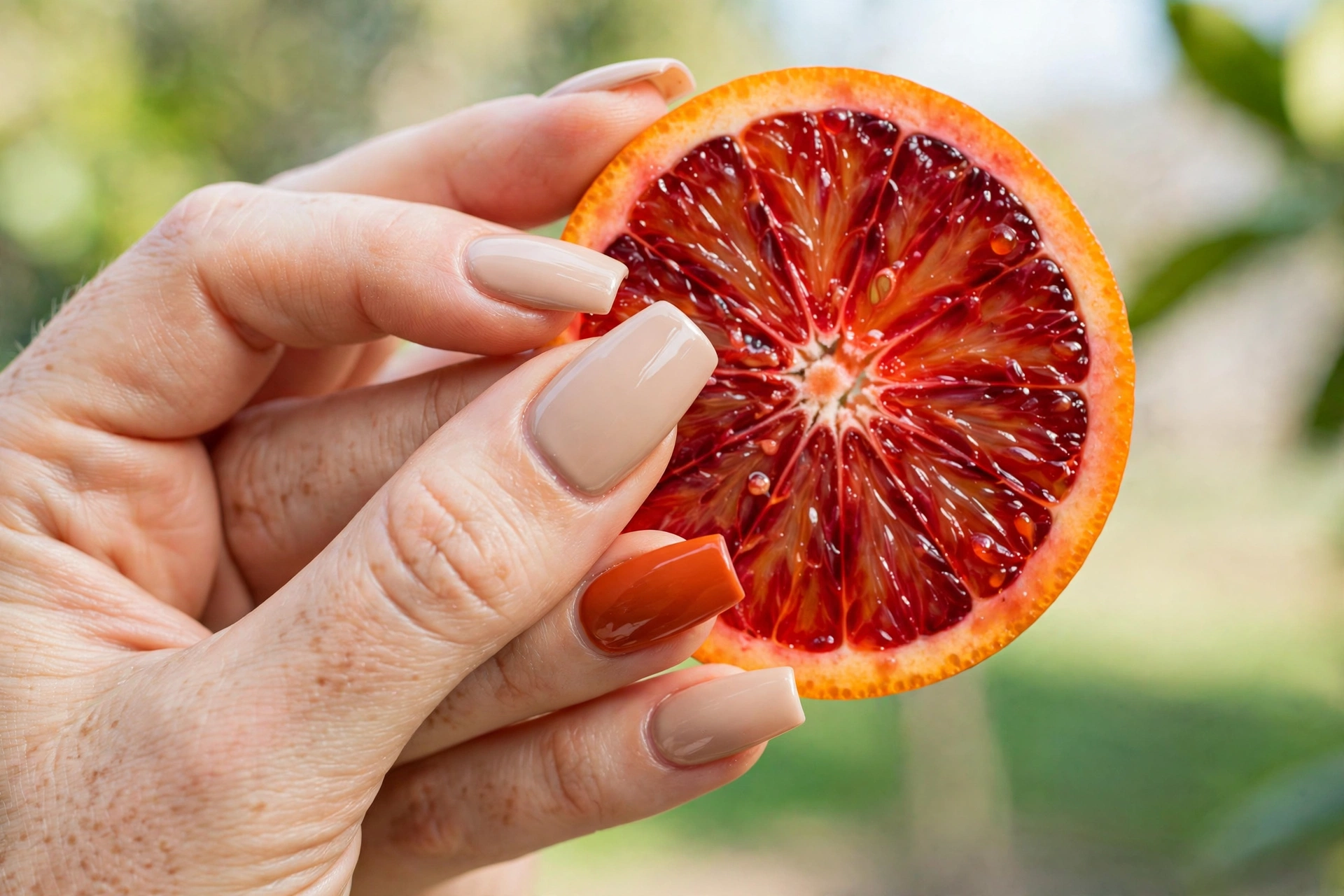 Latte nail designs with a blood orange accent nail on nude caramel nails