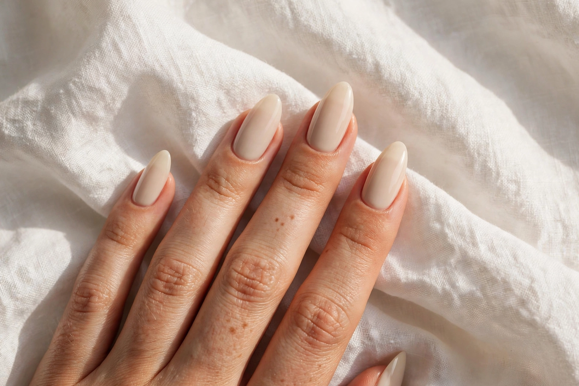 Almond milky latte nail designs in soft opaque beige polish