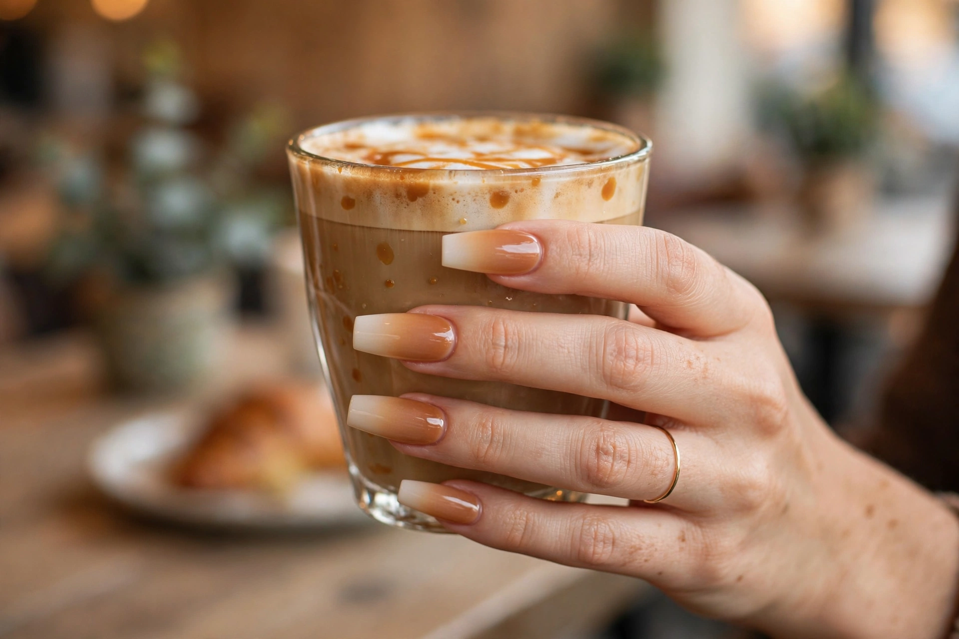 Caramel latte ombré nail designs fading from brown to cream