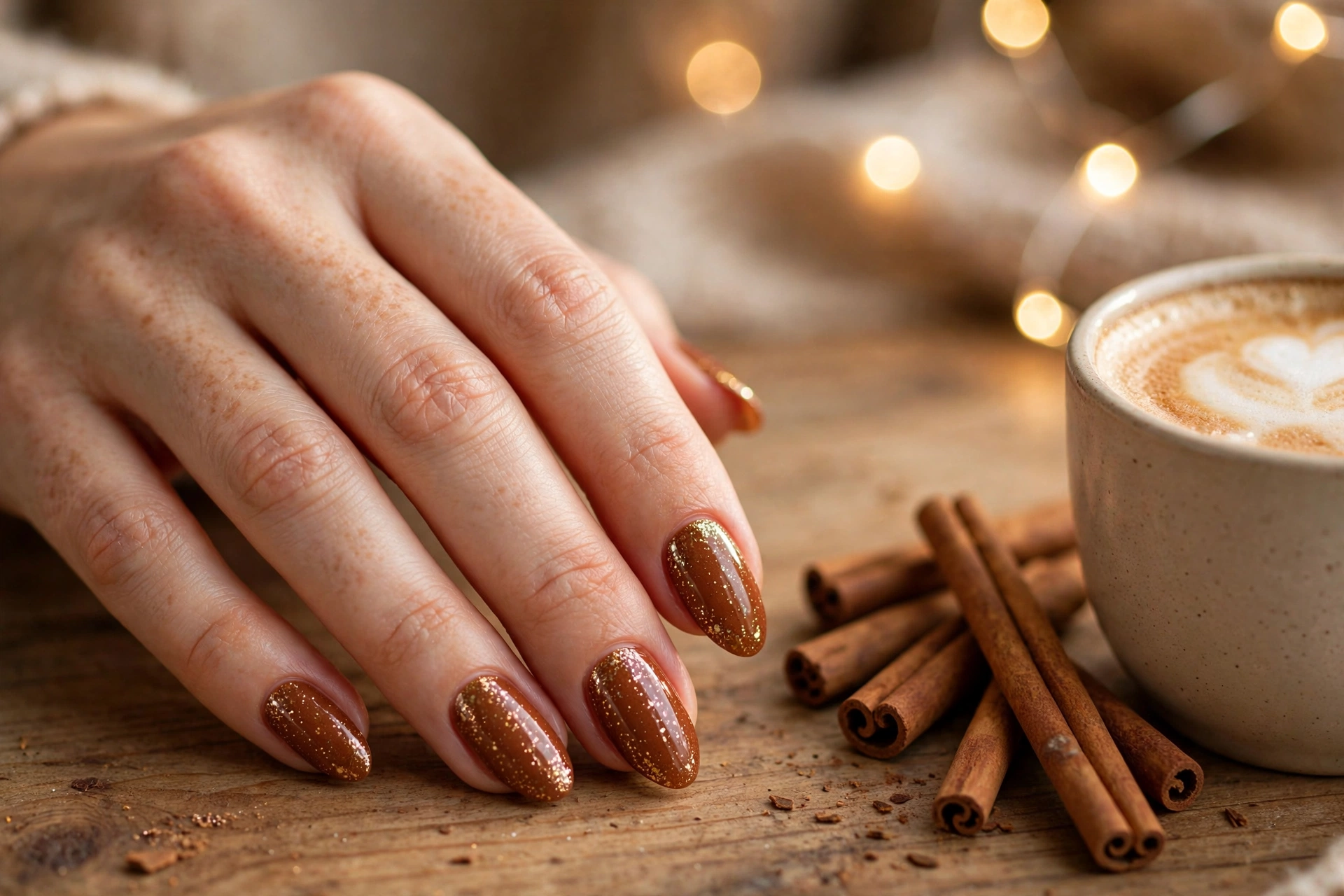 Cinnamon sugar glitter latte nail designs with gold shimmer