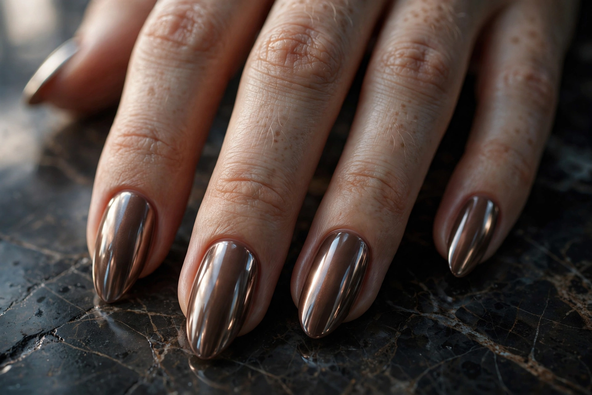 Mocha chrome latte nail designs with mirror-shine brown polish