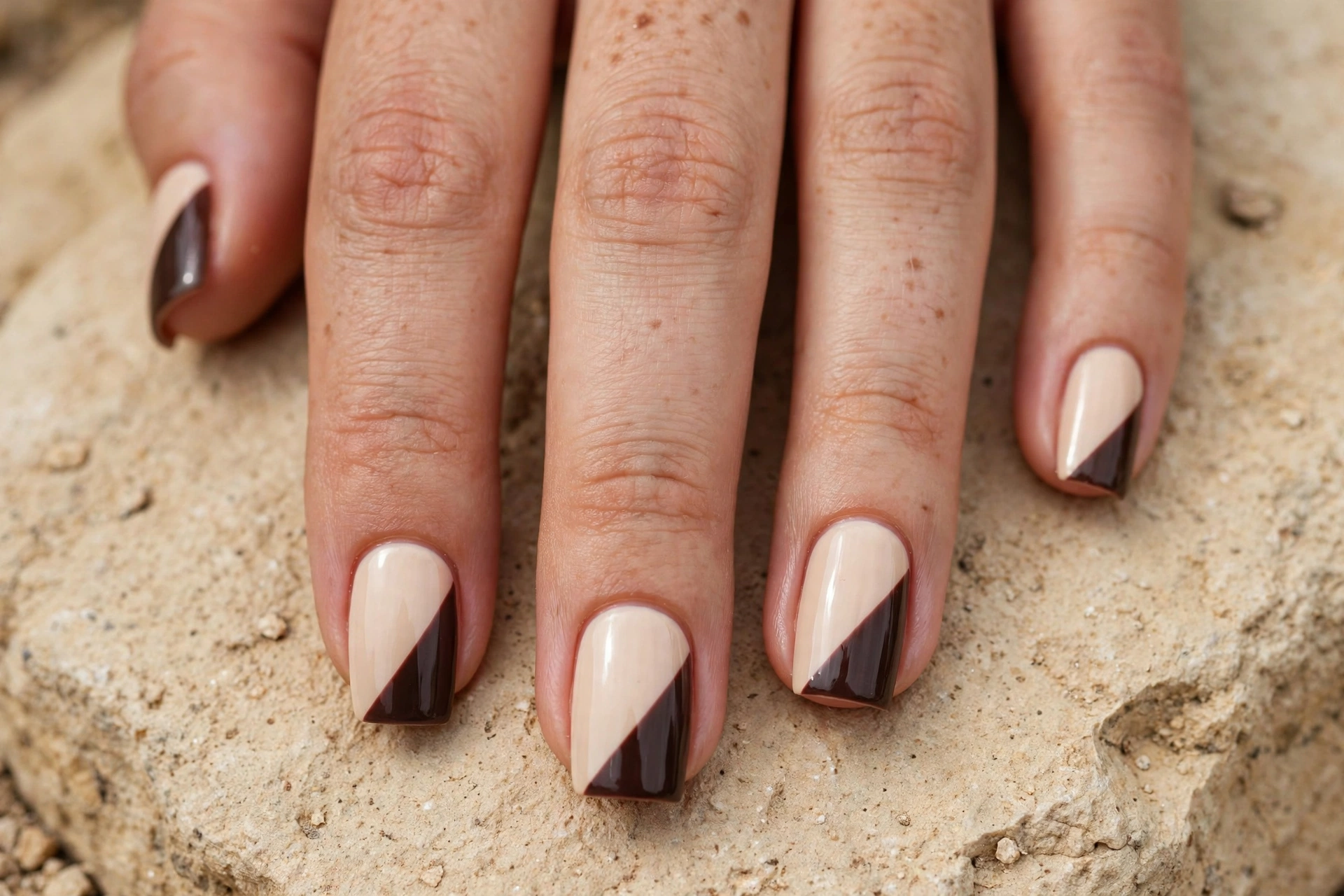 Half-and-half latte nail designs with nude and chocolate color-block art