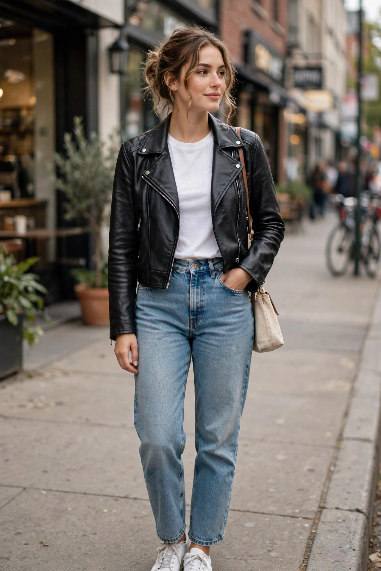 Leather trousers outfit ideas with cream oversized knit sweater
